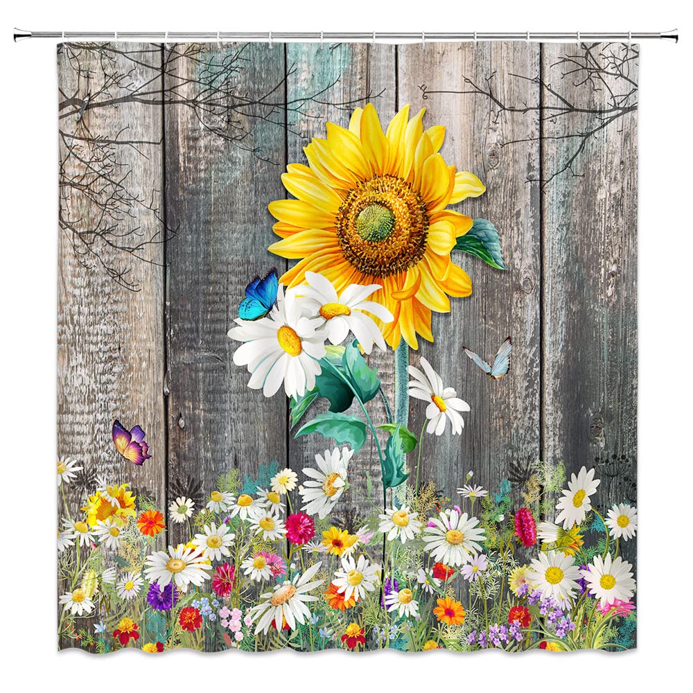 Rustic Floral Sunflower Shower Curtain - White Daisy & Butterfly Farmhouse Design with Vintage Wooden Plank Pattern - Waterproof Polyester Fabric Bathroom Decor Set Includes 12 Hooks (90x70 Inches) - Perfect for Country Style, Vintage Farmhouse & Cottagecore Bathroom Decor