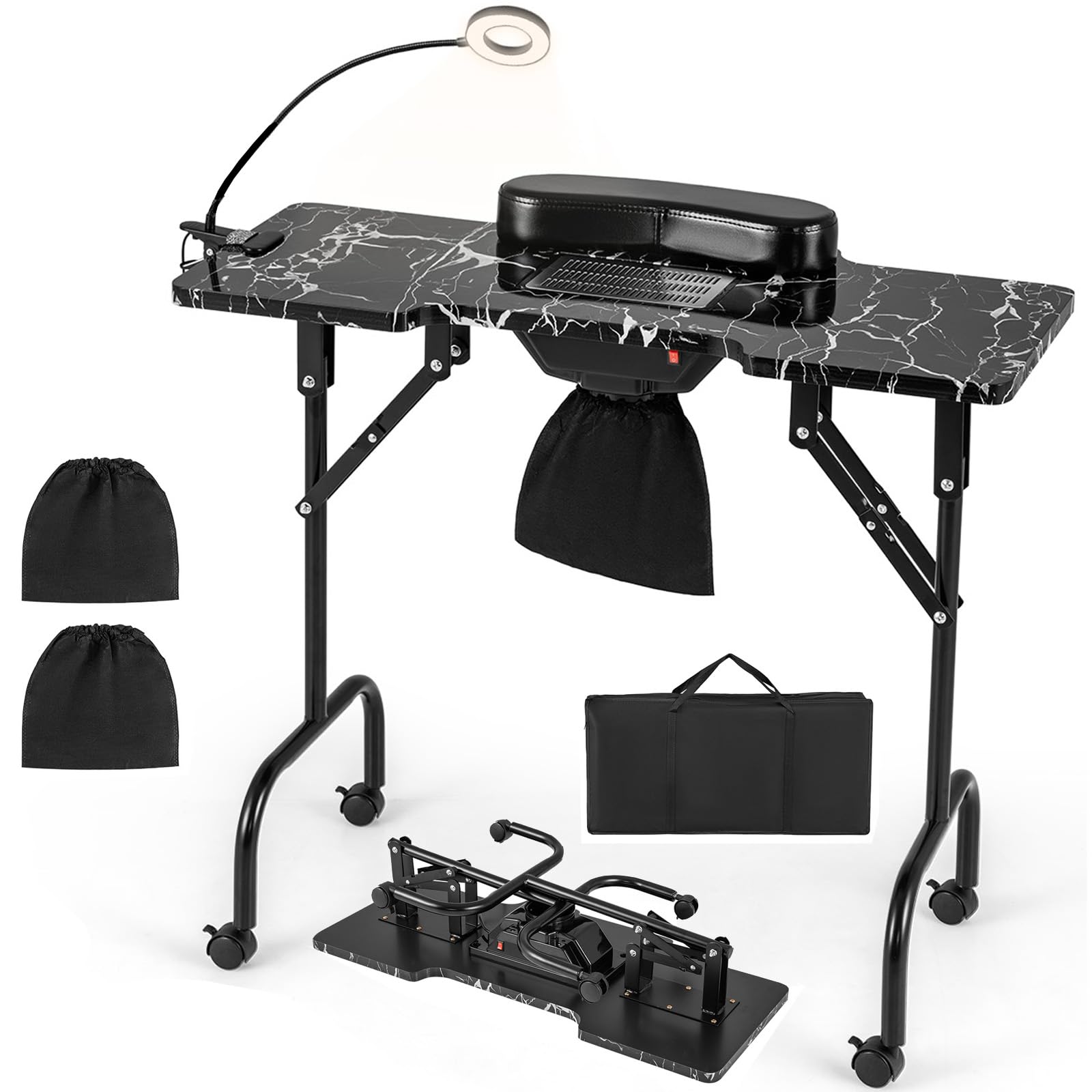Giantex Foldable Nail Tech Desk with Built-in Dust Collector Fan, Adjustable LED Light & Wrist Pad - Portable Manicure Table with 4 Lockable Wheels & Carrying Case (Marble Black) | Perfect for Salon Professionals & Home Nail Artists