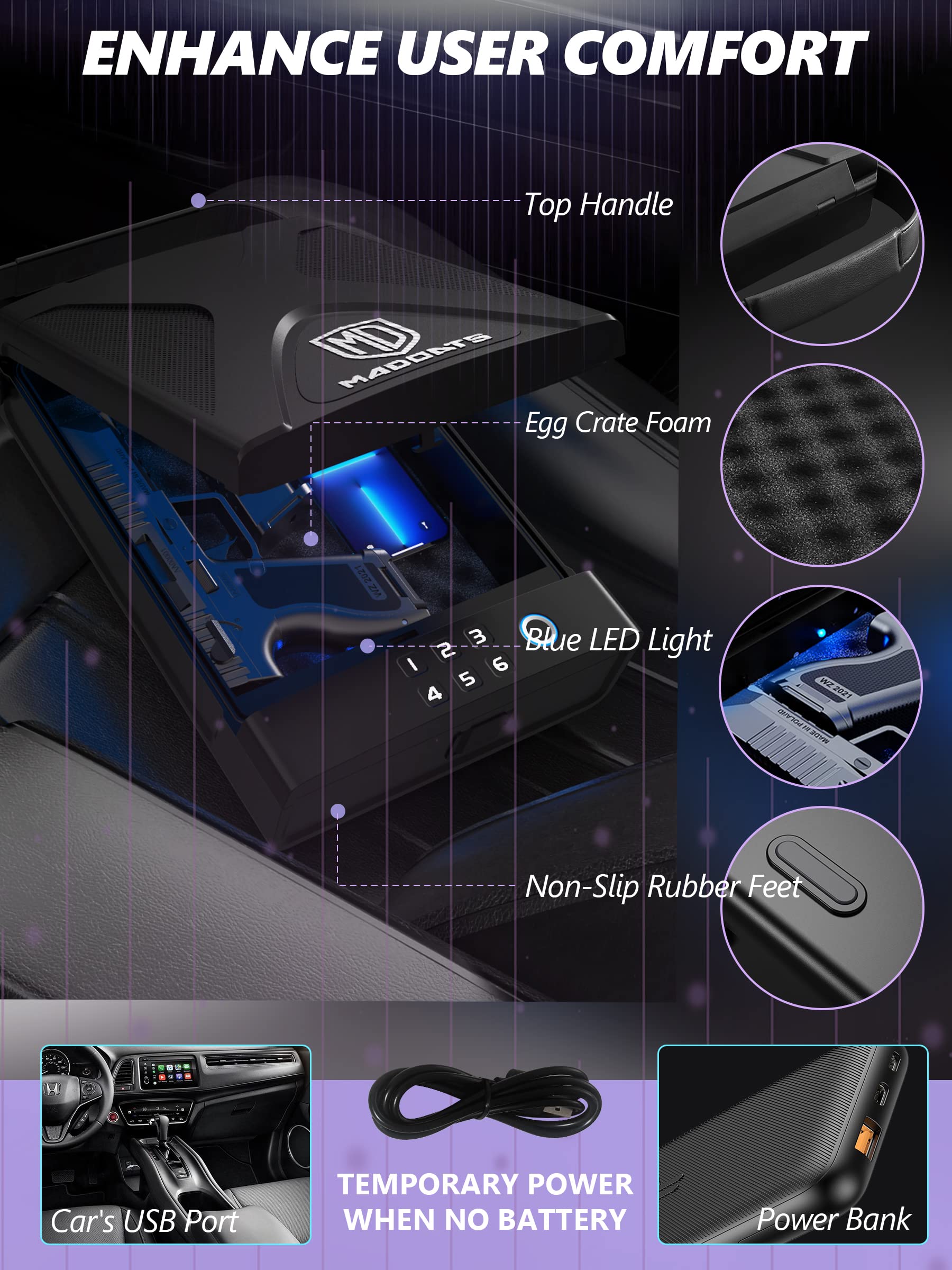 Portable Car Gun Safe - Biometric Fingerprint & Keypad Lock Box for Pistols with Security Cable | Vehicle, Home & Travel Use for Handgun Storage & Safety