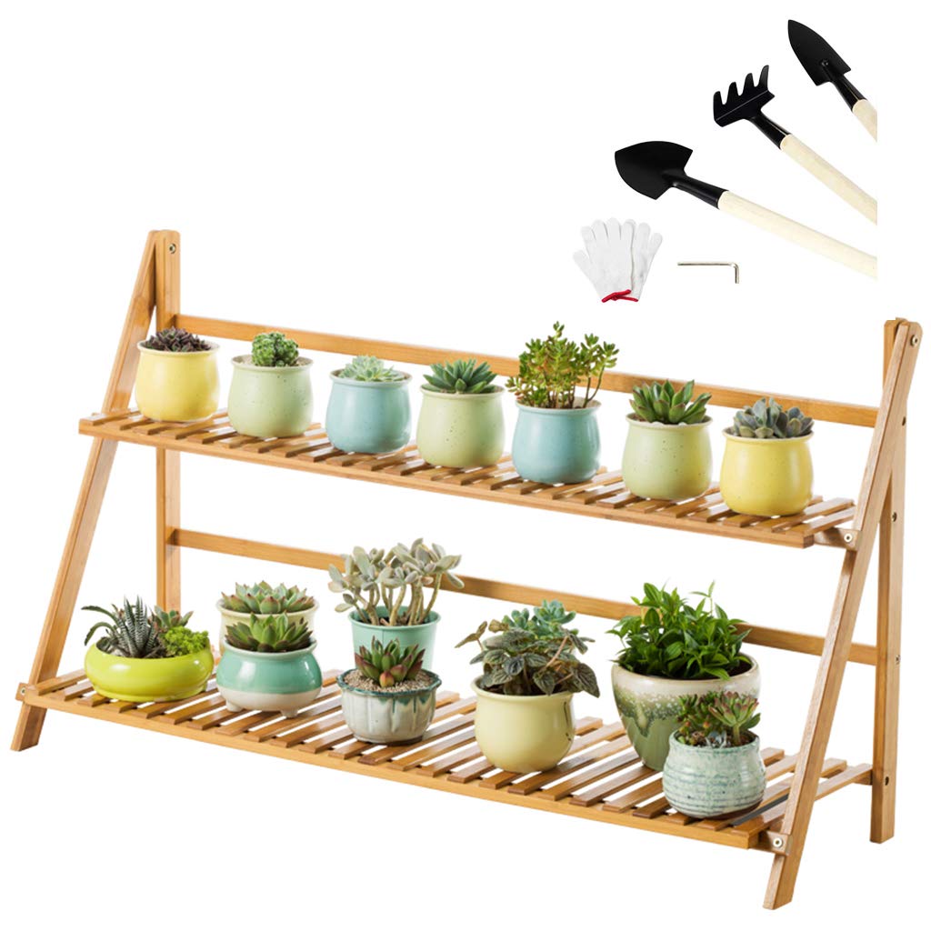 2 Tier Foldable Bamboo Plant Stand - Indoor Outdoor Flower Pot Holder & Display Shelf for Living Room, Balcony, Garden - Perfect for Small Space Gardening and Home Decor