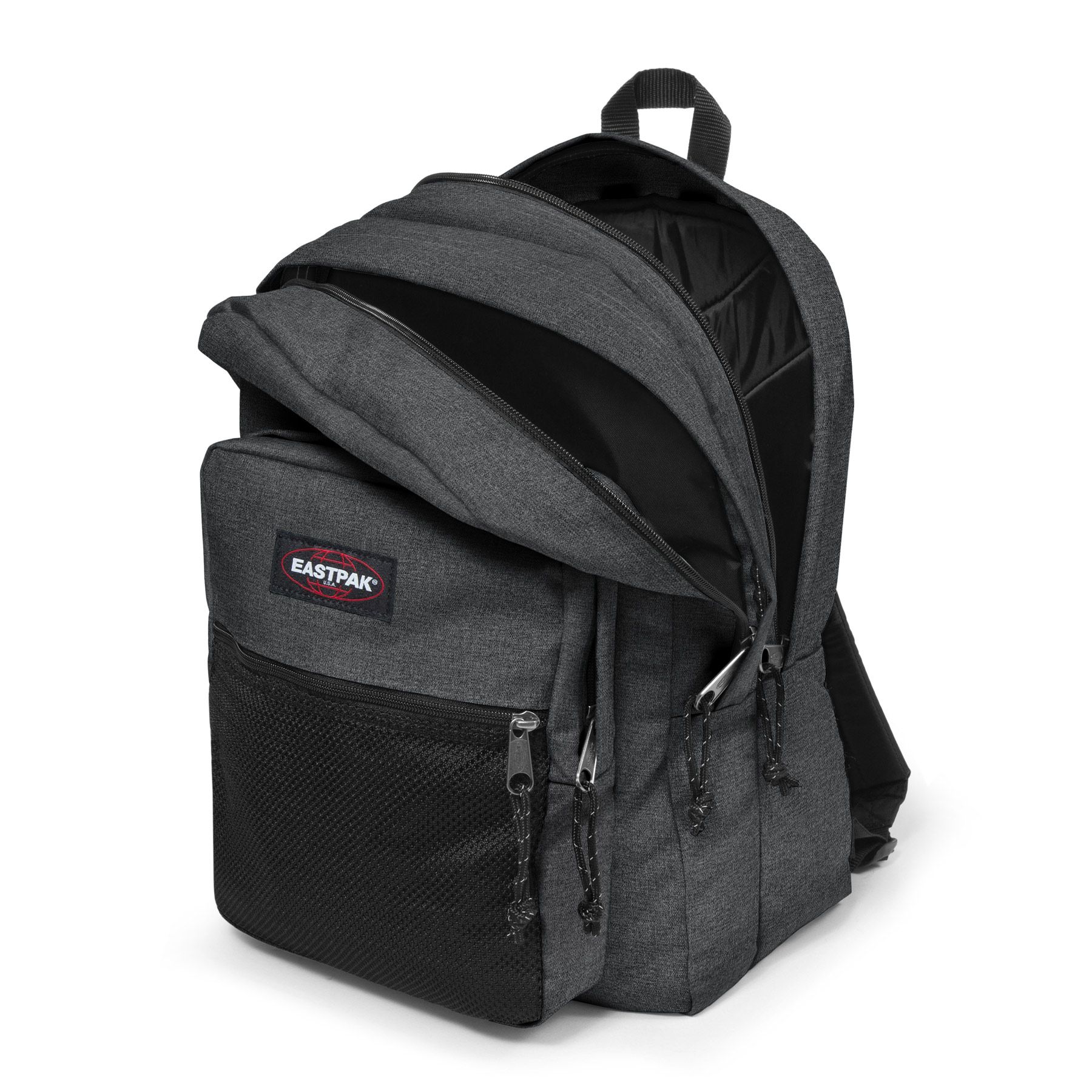 Eastpak Pinnacle Backpack - Black Denim Laptop Backpack for College, Work & Travel | Durable Water-Resistant School Bag with USB Charging Port