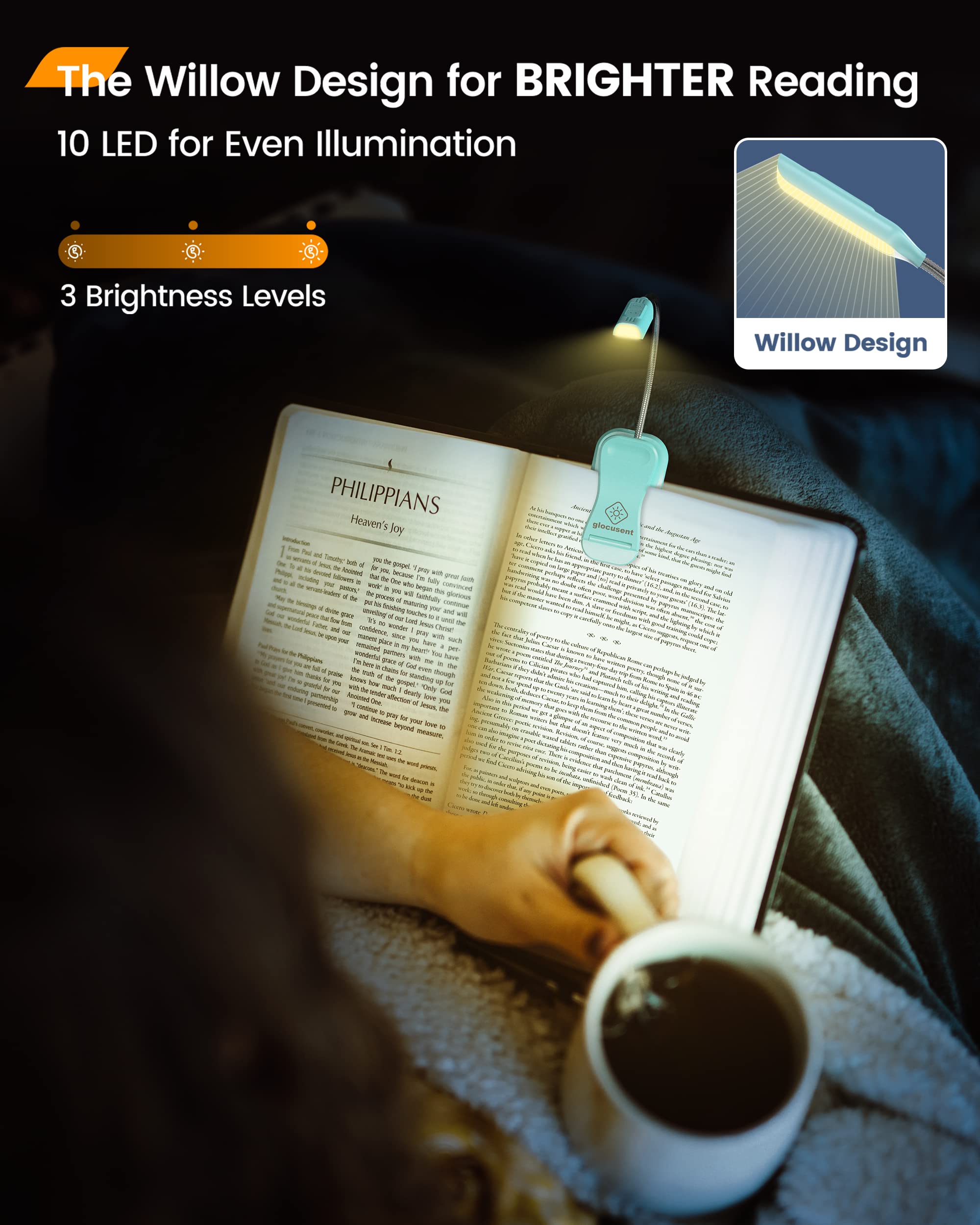 Glocusent Willow Rechargeable Book Light - 10 LED Reading Lamp with 3 Color Modes & 3 Brightness Levels, 80 Hours Battery Life - Perfect Gift for Book Lovers, Night Reading, Studying, Camping & Travel