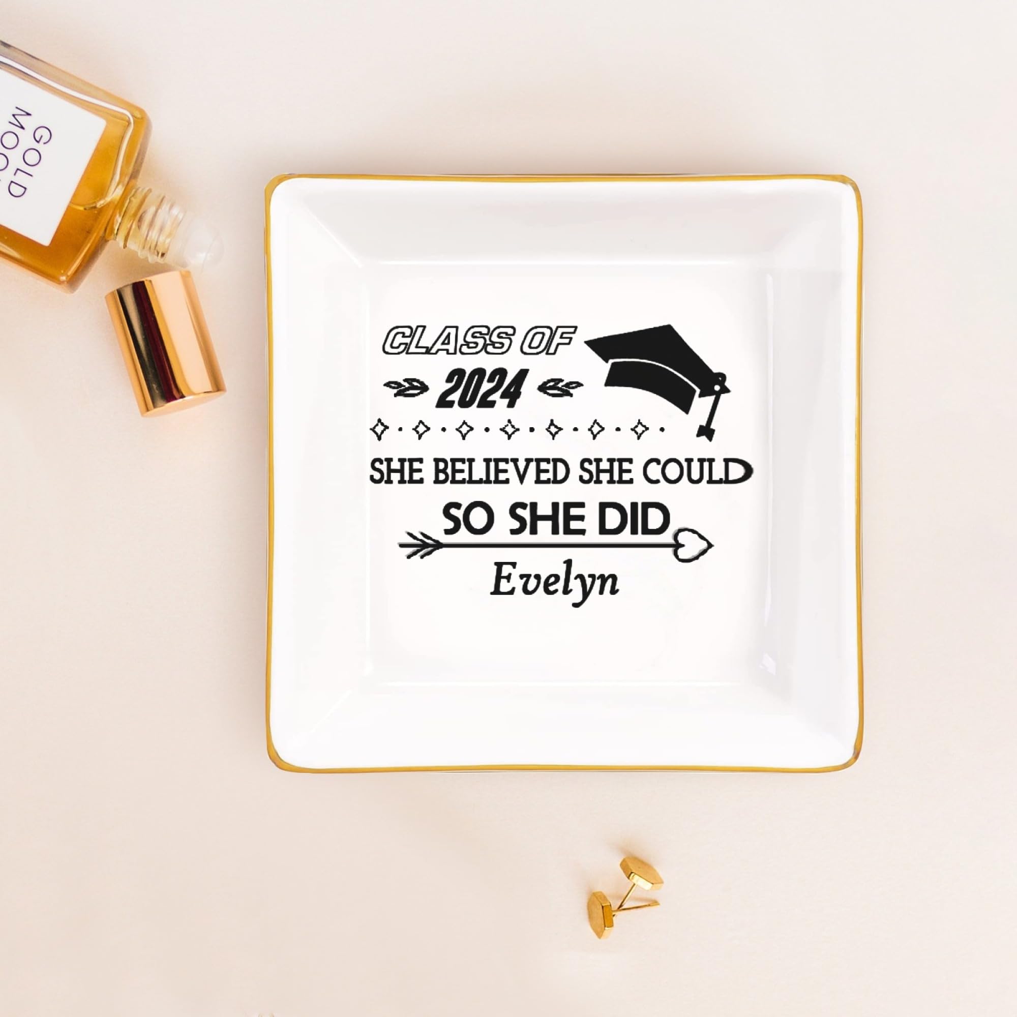 Personalized Graduation Gift for Women - Custom Engraved Ceramic Ring Dish with Inspirational Quote - Class of 2024 High School & College Graduation Present - Jewelry Tray for Dorm Room, Vanity or Wedding Gift