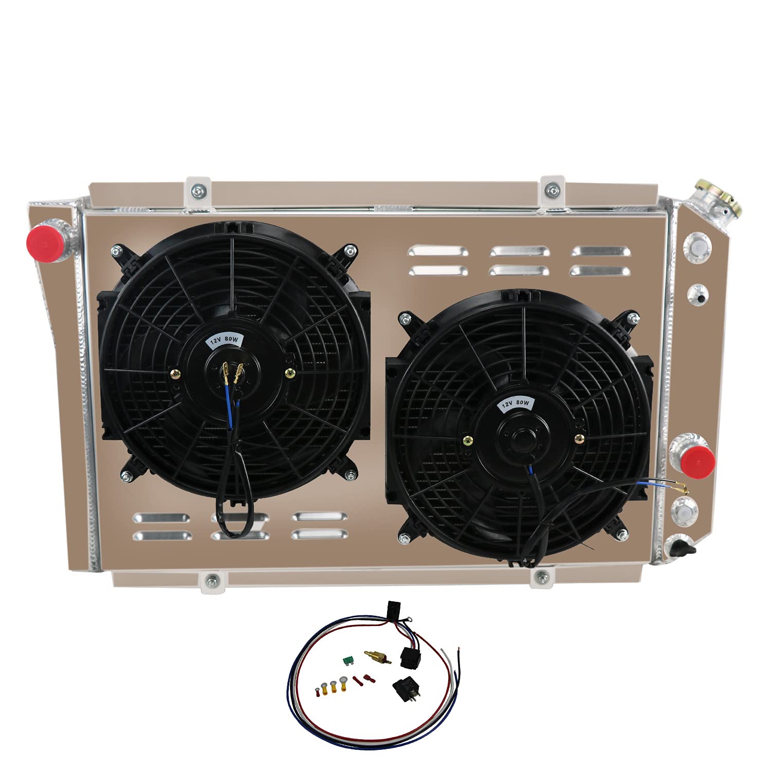 ECMRAD 3 Row Aluminum Radiator for 1982-2002 Chevy S10/S-10 Blazer V8 Swap & 1984-1990 Chevy Corvette 5.7L V8 - Includes Shroud Fans & Relay Kit - High Performance Cooling for Off-Road, Racing & Daily Driving