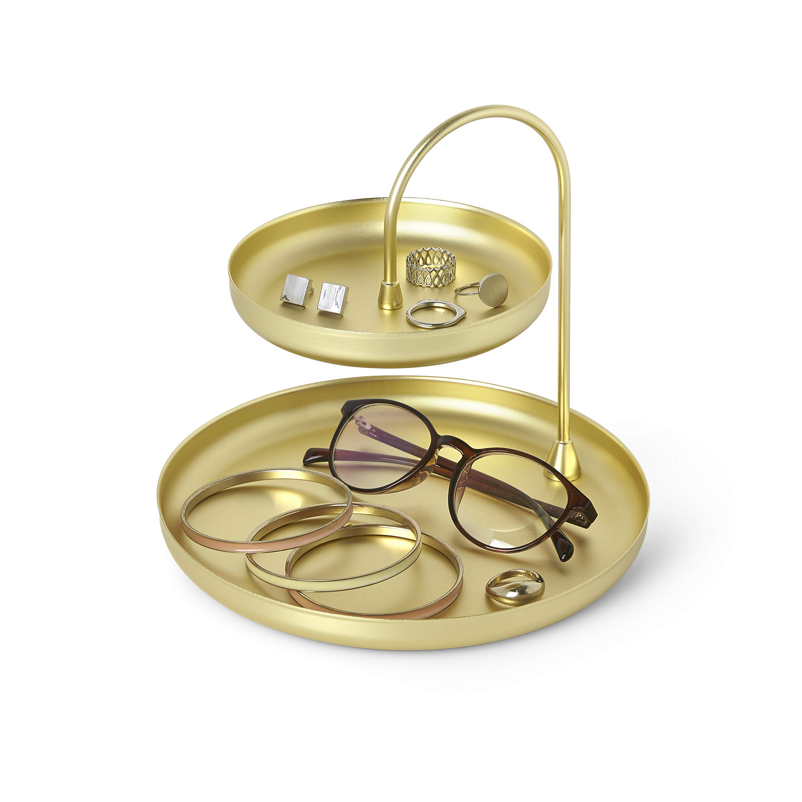 Umbra Poise Large Double Jewelry Tray - Two-Tiered Jewelry Organizer with Matte Brass Finish | Elegant Jewelry Storage for Dresser, Vanity & Nightstand | Perfect for Rings, Earrings & Necklaces