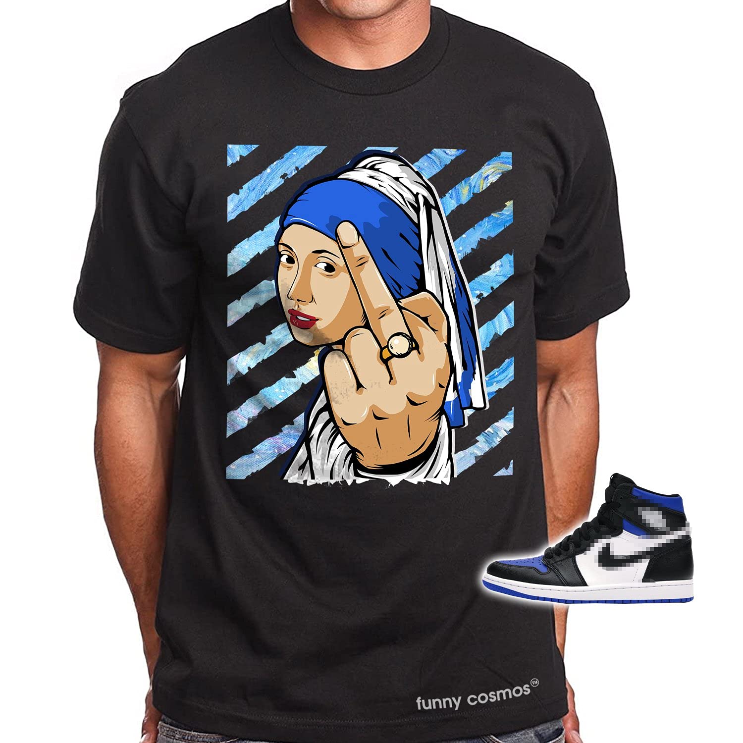 The Girl with Pearl Earring T-Shirt - Matching Jordan 1 Royal Toe Black & Blue Hip-Hop Graphic Tee for Sneakerheads (XL) | Streetwear Outfit & Sneaker Matching Style