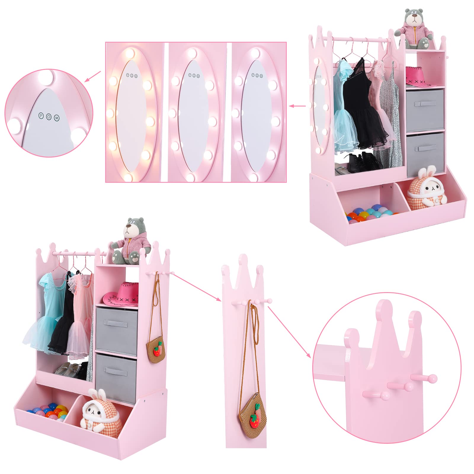 Bophy Girls' Dress Up Storage Organizer with LED Light & Mirror - Kids Clothing Rack with Storage Bin, Open Hanging Armoire Closet for Bedroom (Pink) - Perfect for Organizing Dresses, Costumes & Accessories in Kids Room or Play Area