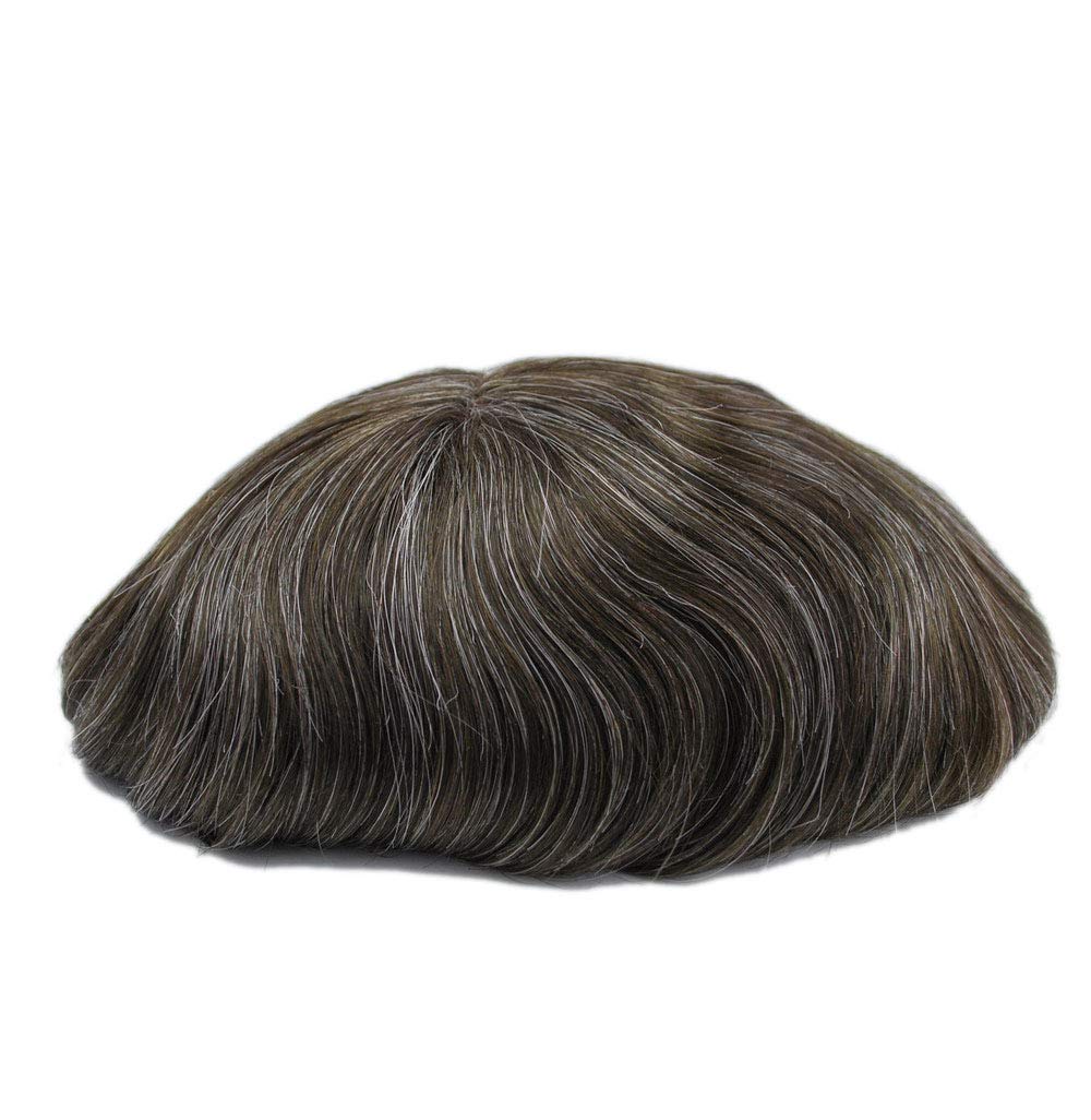 Dark Brown Mixed Grey 330 Hair Toupee for Men - Thin Skin Human Hair Replacement System - Natural Looking Hairpiece for Baldness & Thinning Hair - Perfect for Daily Wear, Work & Social Events