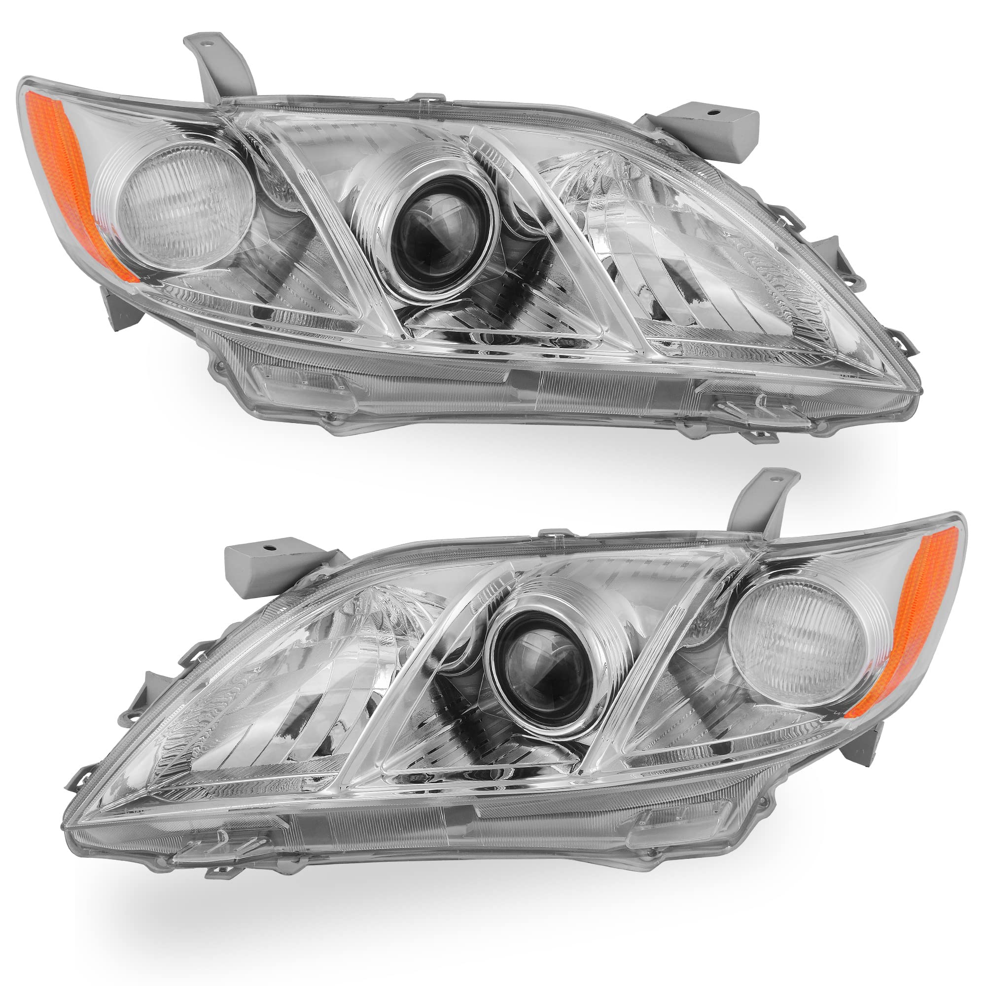 oEdRo Headlight Assembly Compatible with 2007-2009 Toyota Camry - Amber Reflector, Clear Lens, Chrome Housing - Perfect for Night Driving & Car Upgrades