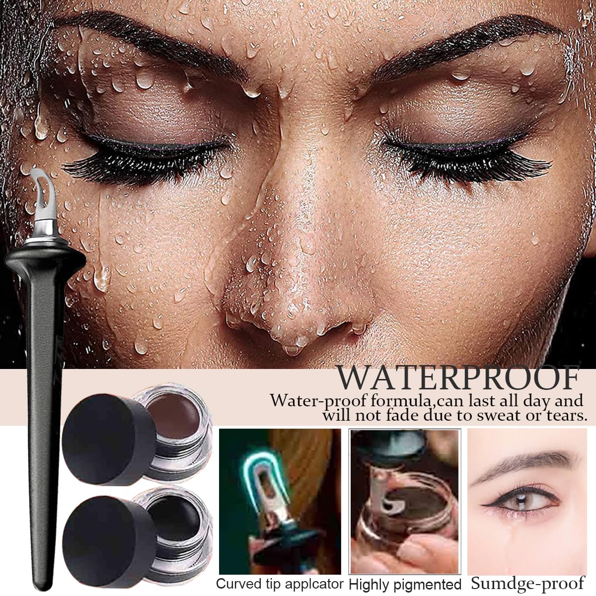 Waterproof Gel Eyeliner Kit with Silicone Applicator - Smudge Proof Black Cream Eyeliner for Easy No-Skip Application | Perfect for Daily Makeup, Party Looks & Professional Makeup Artists