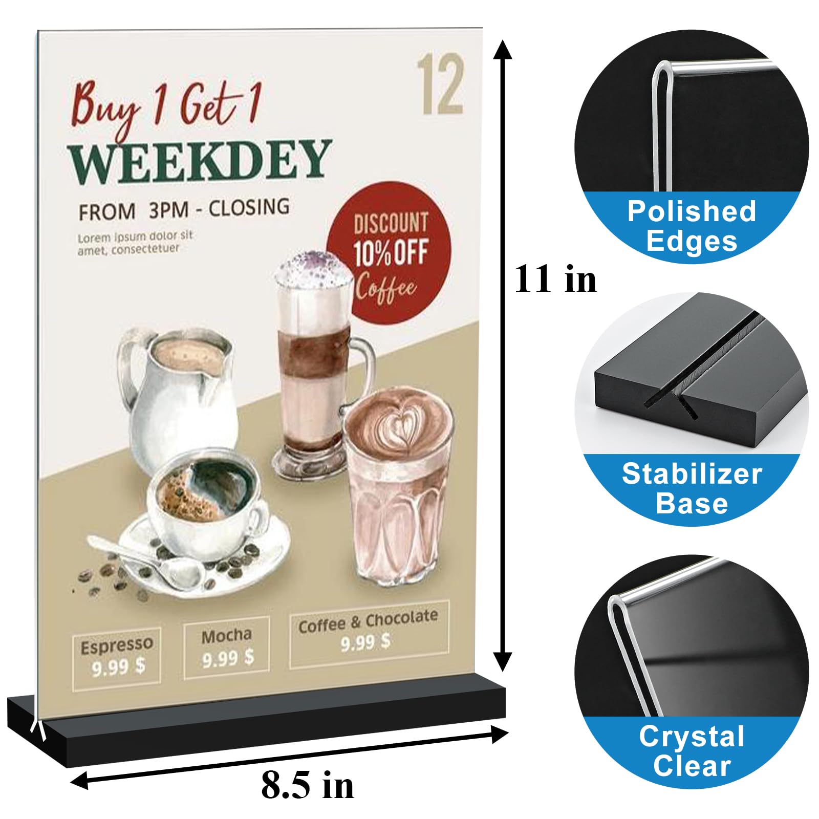 Seencool 8.5 x 11 Acrylic Sign Holders - 8 Pack Clear Plastic Flyer Display Stands with Vertical Base | Double Sided Picture Frame & Menu Holders for Office, Restaurant, Store & Home | Perfect for Tabletop Displays, Promotions & Information Signage