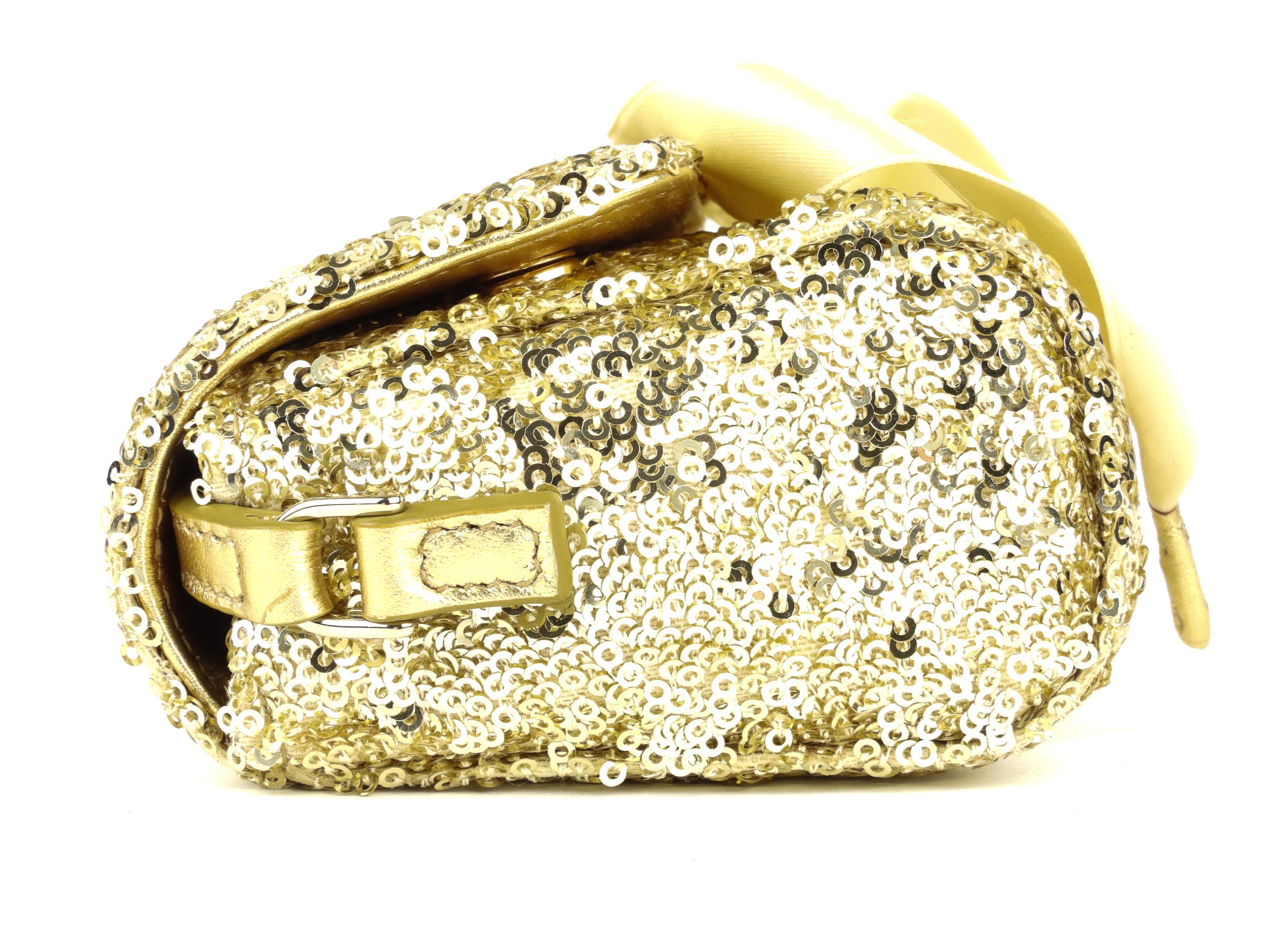 Dolce & Gabbana Gold Metallic Sequin Leather Bow Small Shoulder Bag - Elegant Evening Clutch for Parties, Weddings & Special Occasions