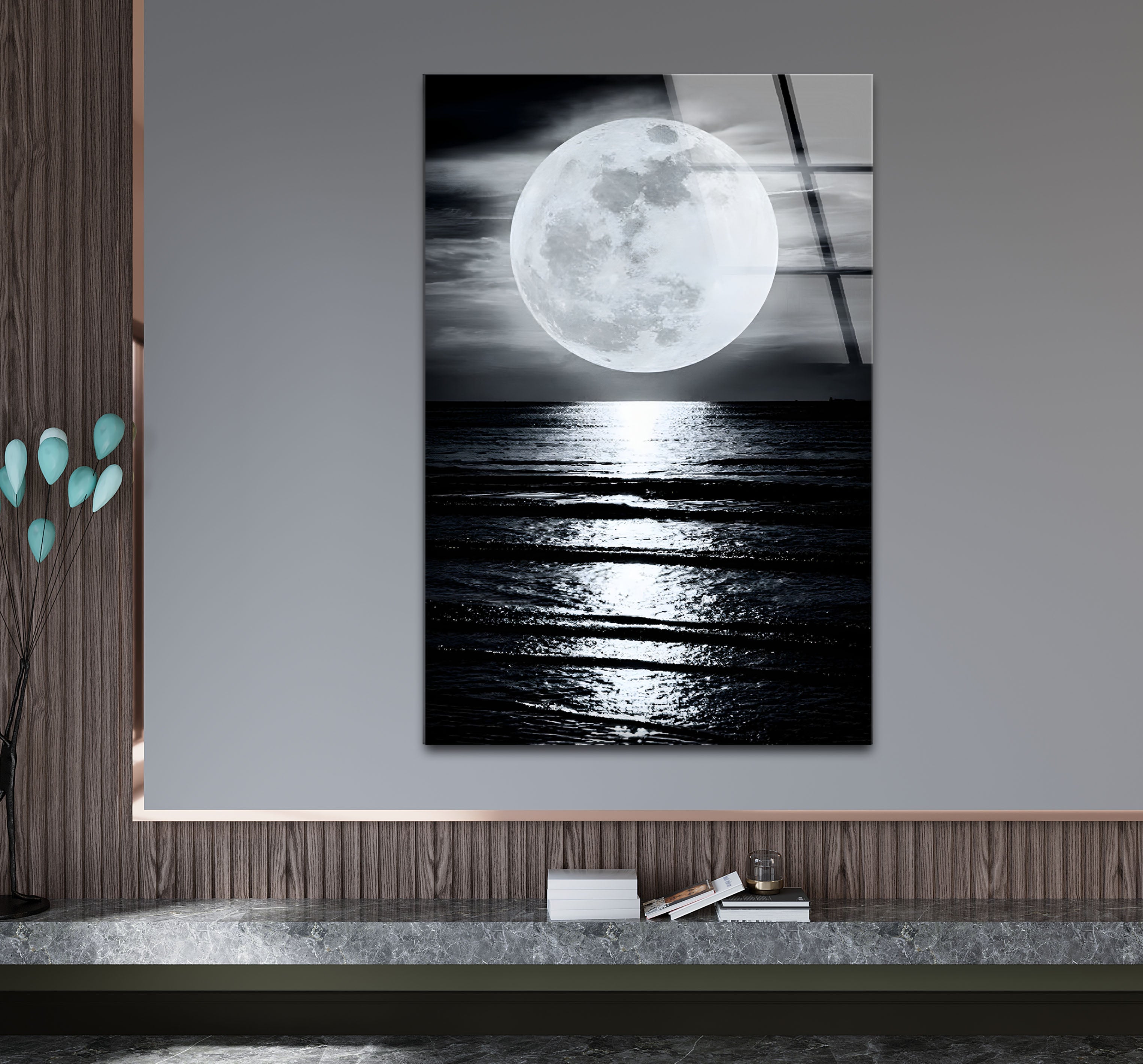 Black and White Moon Landscape Glass Wall Art - Modern Home Decor for Living Room, Bedroom & Office - Perfect Gift for Housewarming, Wedding & Birthday