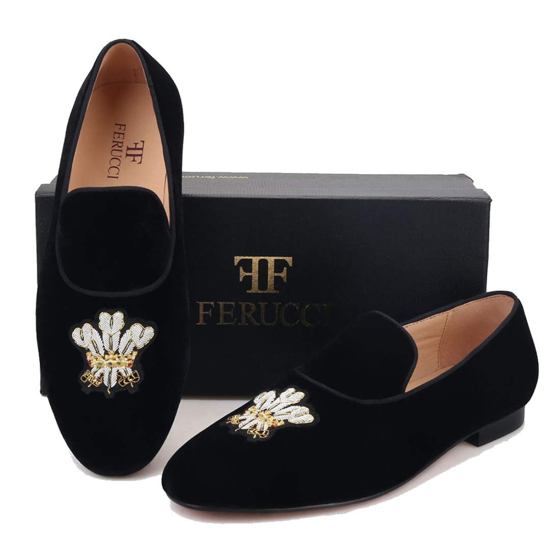 FERUCCI Black Velvet Loafers for Women - Embroidered Formal Slip-On Shoes - Comfortable Flats for Wedding, Prom, Party & Office Wear - Elegant Evening & Special Occasion Footwear