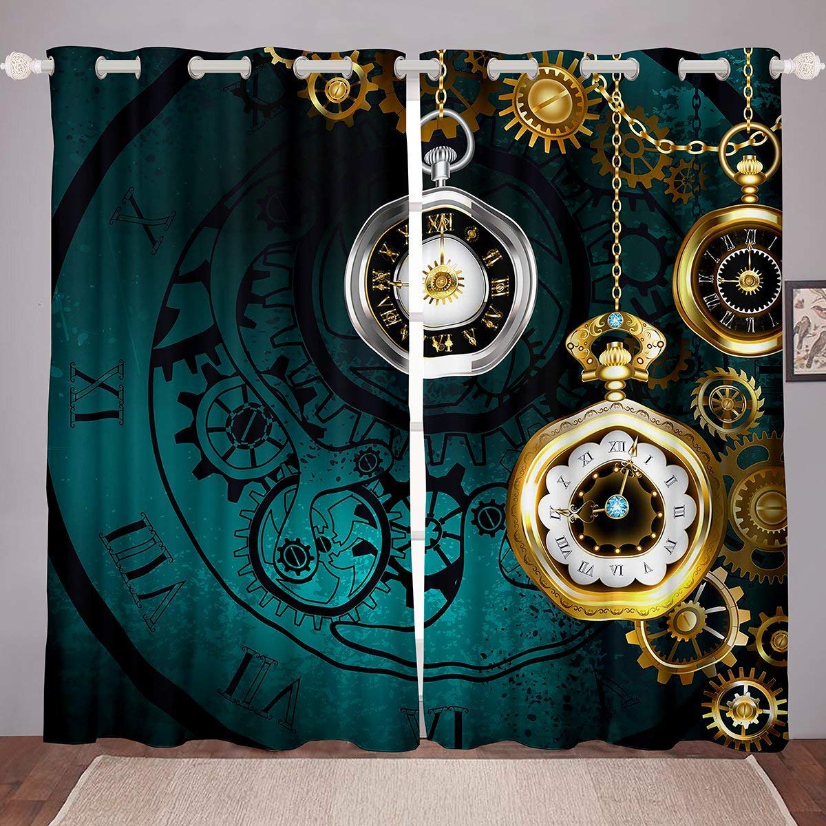 Steampunk Clock Gears Window Curtains - Vintage Industrial Mechanical Design for Living Room & Bedroom - Blue Teal 2 Panel Set - Perfect for Gothic, Retro & Punk Home Decor