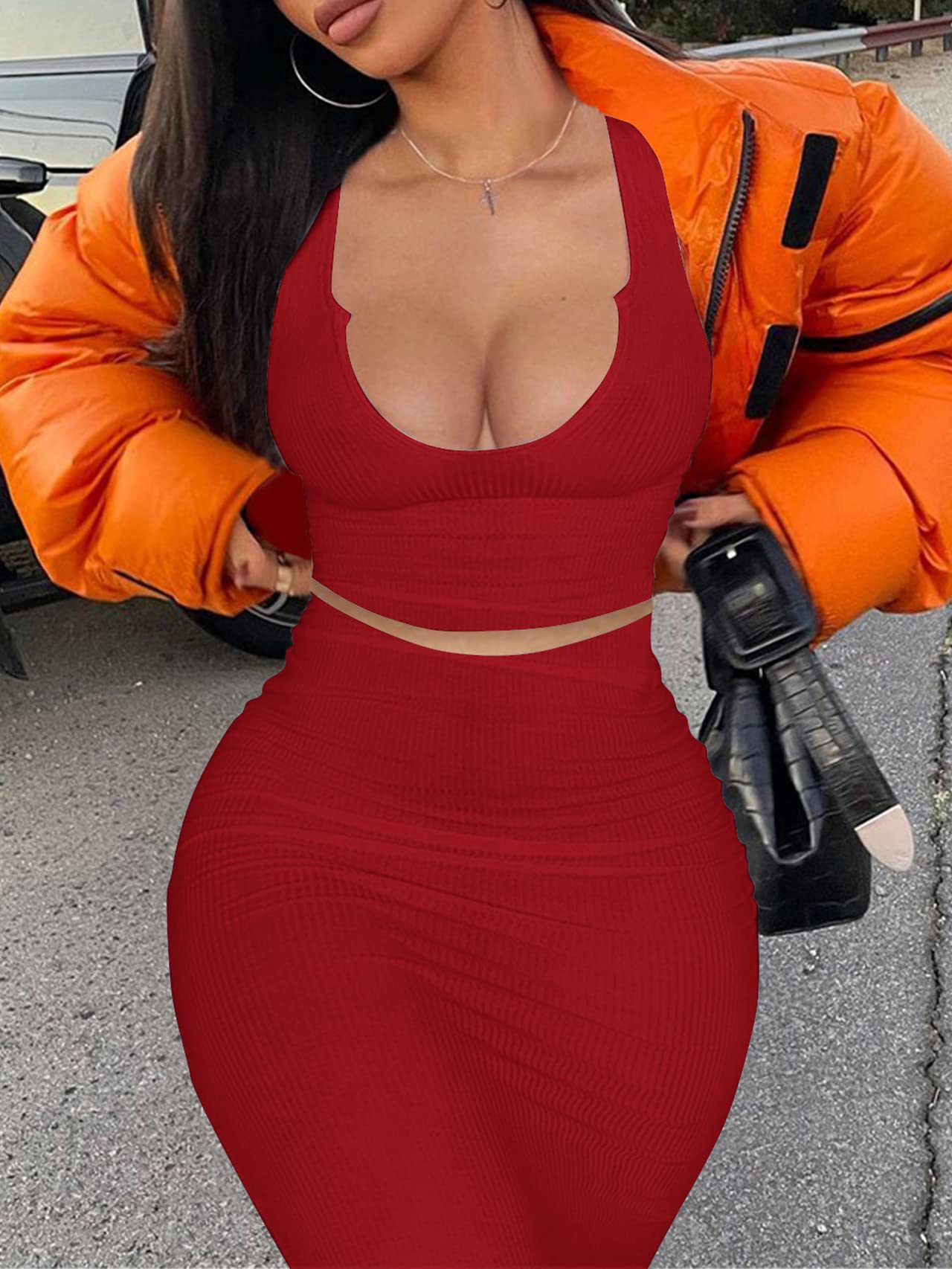 Sexy Women's Two-Piece Skirt Outfit - Long Sleeve/Sleeveless V-Neck Bodycon Ribbed Knit Maxi Dress for Club, Party & Evening Wear | Perfect for Date Night, Cocktail Events & Night Out