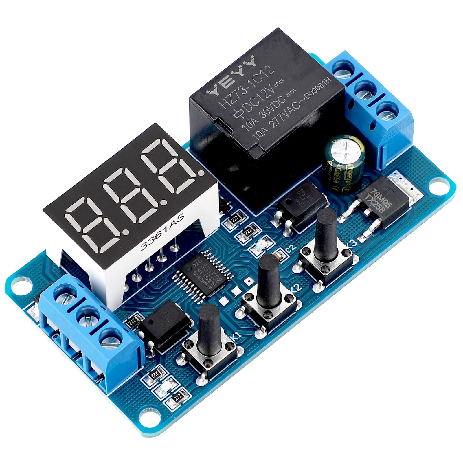 DROK 12V Digital Timer Relay Switch - 0.1s to 999min Adjustable Delay, 4-Mode On/Off Cycle, 50mA Capacity with LED Display for Automotive, Home Automation & Industrial Control Systems