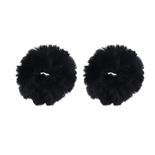 Black Solid Fur Scrunchies Pony Holder - Set of 2 Hair Ties for Women, Girls, Everyday Wear, Workout, and Party