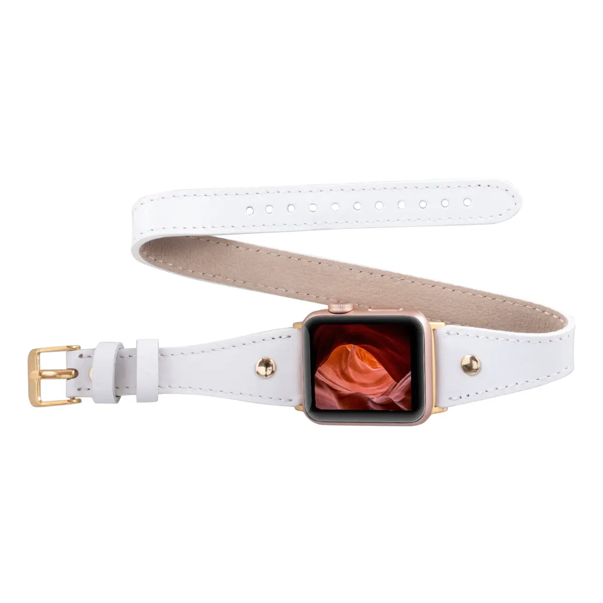 Slim White Leather Double Tour Apple Watch Band with Gold Rivet - Elegant & Durable Strap for Work, Fitness & Everyday Wear