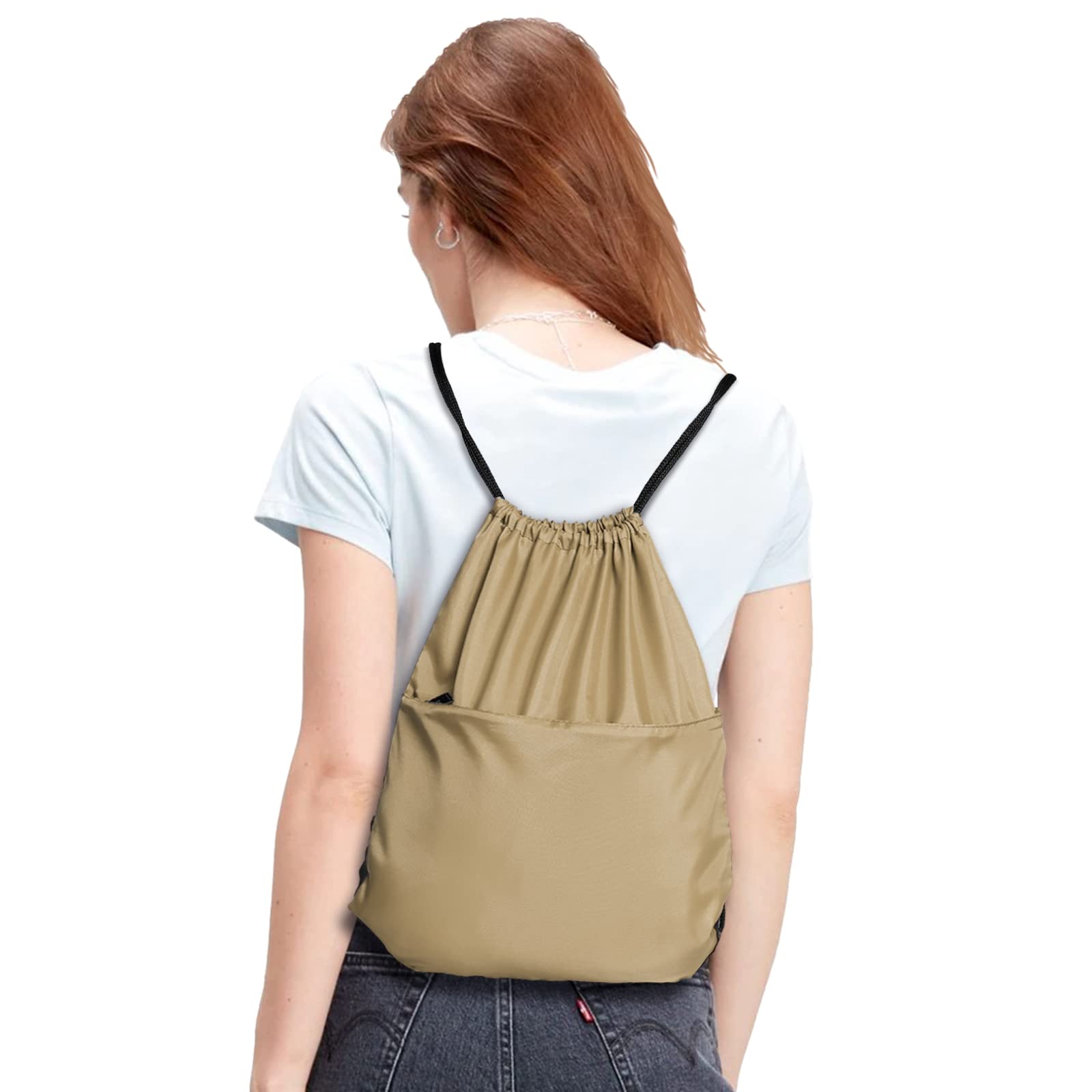 Lightweight 210D Nylon Drawstring Backpack with Zipper Side Pocket - Foldable Sports Gym Tote Bag for Men & Women (Khaki) - Perfect for Workouts, Travel, School & Outdoor Activities