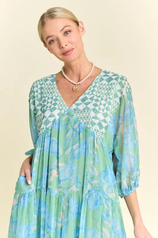 Floral Print Mixed Mint Green Tiered Midi Dress for Women - Summer Casual Boho Chic Dress for Beach, Party & Vacation