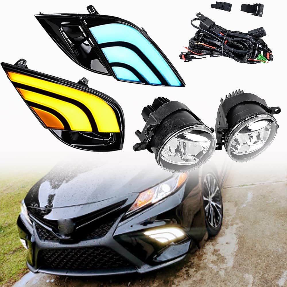 2018-2020 Toyota Camry XSE SE LED DRL Daytime Running Lights with Yellow Turn Signal & Fog Light Assembly - Upgrade Your Car's Style & Safety for Night Driving and Bad Weather