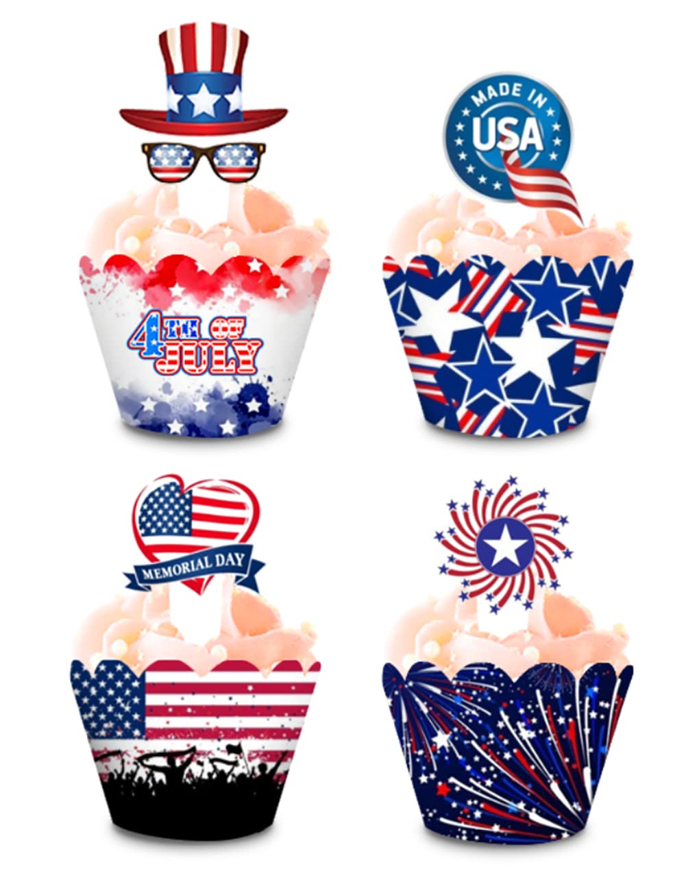 48pcs Patriotic American Flag Cupcake Toppers & Wrappers - USA Independence Day Party Decorations for 4th of July, Memorial Day & Veterans Day Celebrations
