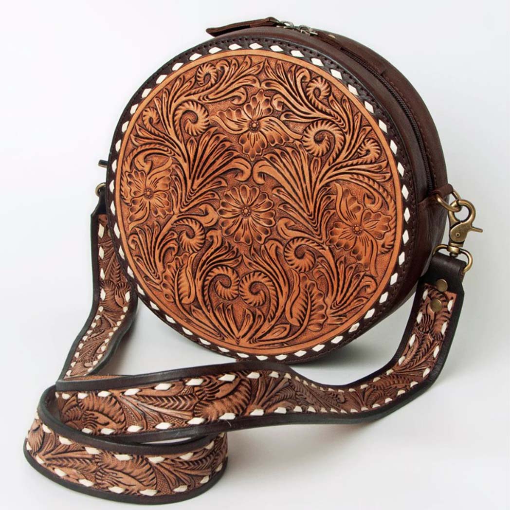 American Darling Round Tooled Buckstitched Leather Purse for Women | Vintage Western Handbag | Perfect for Cowgirl Fashion, Rodeo Events & Country Style Outfits