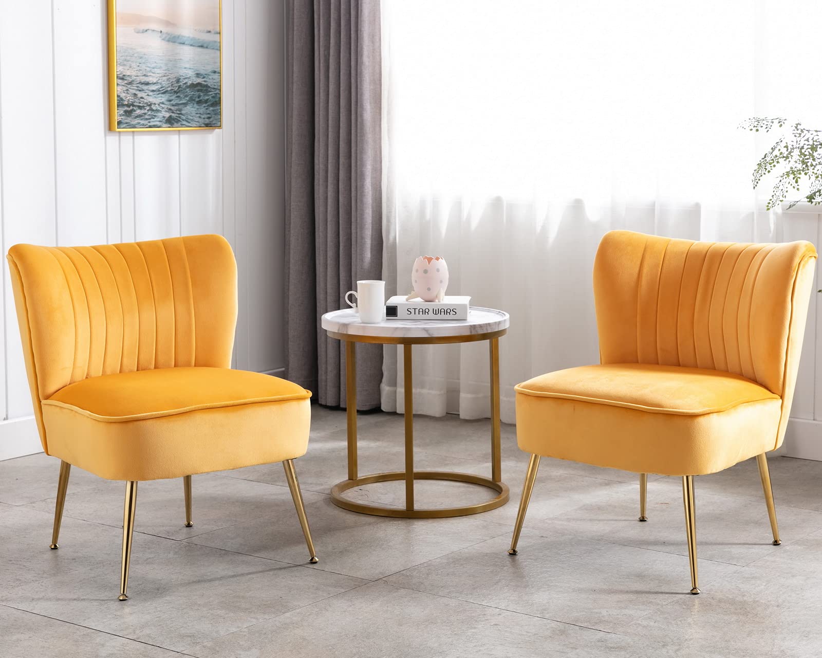CIMOTA Velvet Accent Chairs Set of 2 - Modern Armless Slipper Chairs with Golden Legs, Wingback Design for Living Room, Bedroom & Office - Soft Velvet Upholstered Side Chairs for Reading Nook, Lounge Corner or Guest Seating (Yellow)