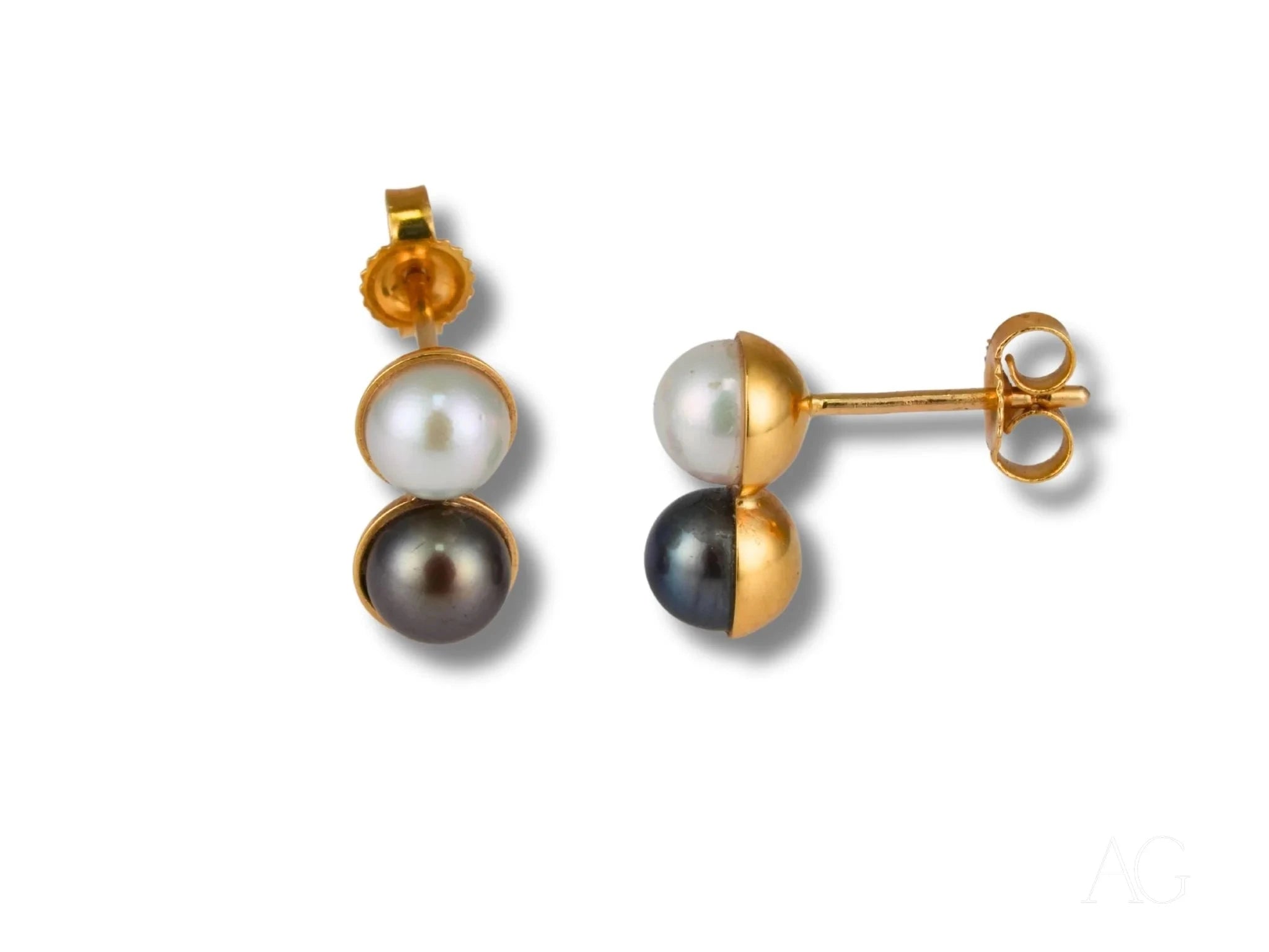18K Gold Black & White Pearl Earrings for Women - Elegant Eclipse Design Pearl Stud Earrings - Perfect for Weddings, Parties & Special Occasions
