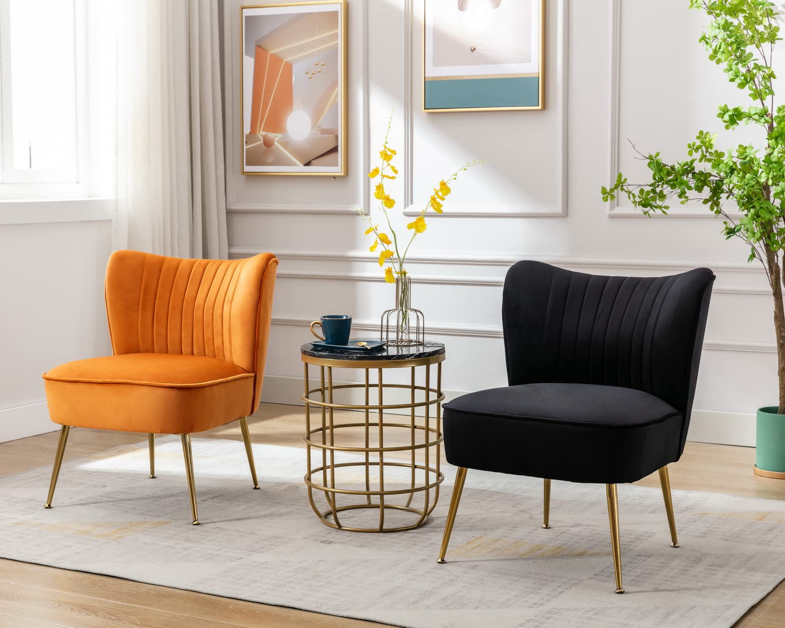Cimota Velvet Accent Chairs Set of 2 - Modern Armless Wingback Slipper Chairs with Golden Legs for Living Room, Bedroom, Lounge - Soft Orange Upholstered Comfy Corner Seating for Home Decor & Relaxation