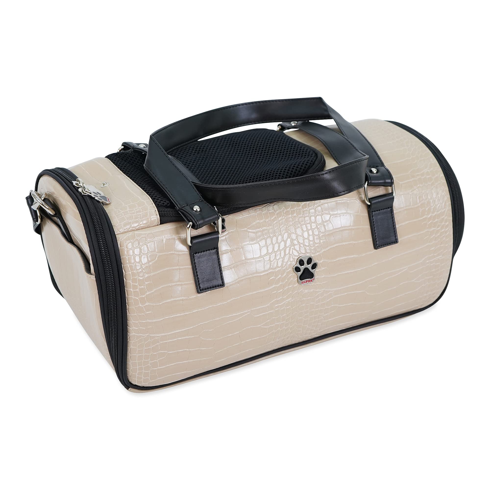 SUSSEXHOME Small Pet Carrier for Dogs & Cats - Faux Alligator Leather Travel Tote Bag with Double Straps - 9.05 x 9.05 x 18.1 Inch Beige - Perfect for Vet Visits, Air Travel & Daily Outings