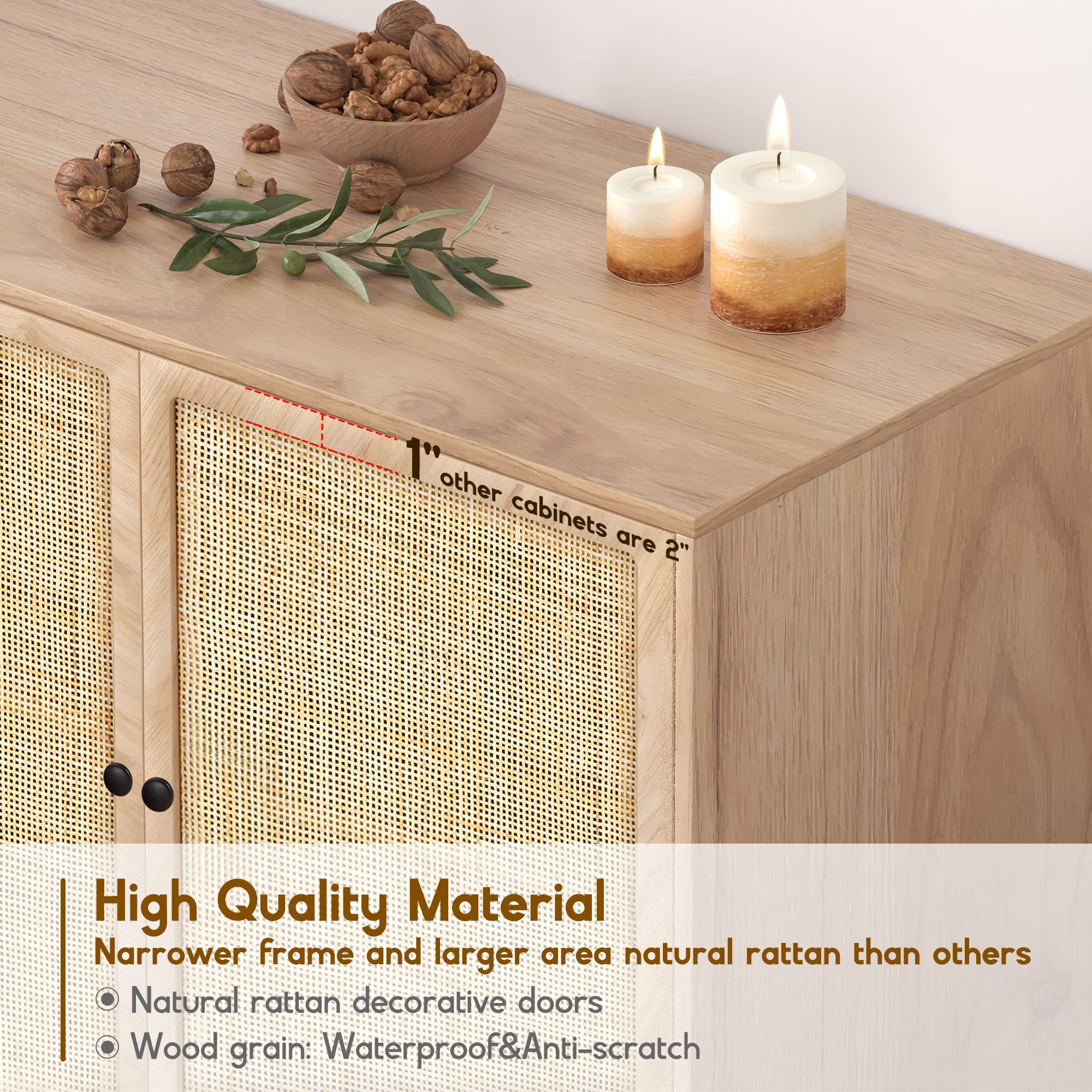 XIAO WEI 3-Piece Rattan Sideboard Cabinet with Hand-Woven Natural Rattan Doors - Storage Buffet Console Table for Kitchen, Living Room, Hallway & Entryway - Natural Finish with Metal Legs | Perfect for Farmhouse Decor, Dining Room Storage & Entryway Organization