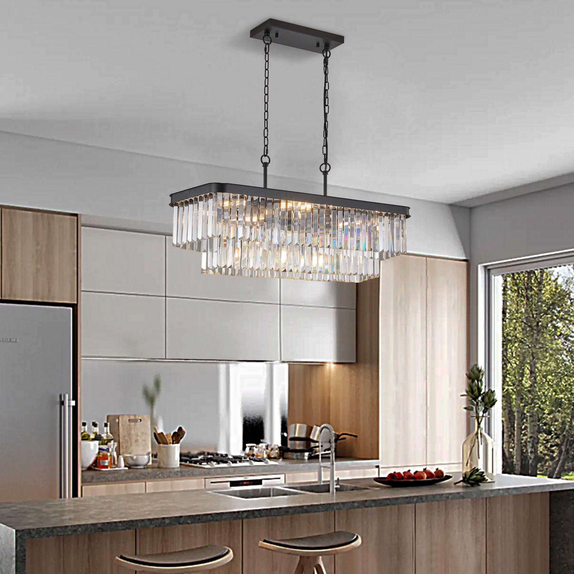 Modern Rectangular Crystal Chandelier - Adjustable E12 Industrial Farmhouse Ceiling Light with Iron Frame for Kitchen, Living Room & Bedroom | Black Finish (Bulbs Not Included) | Perfect for Dining Areas, Entryways and Home Decor