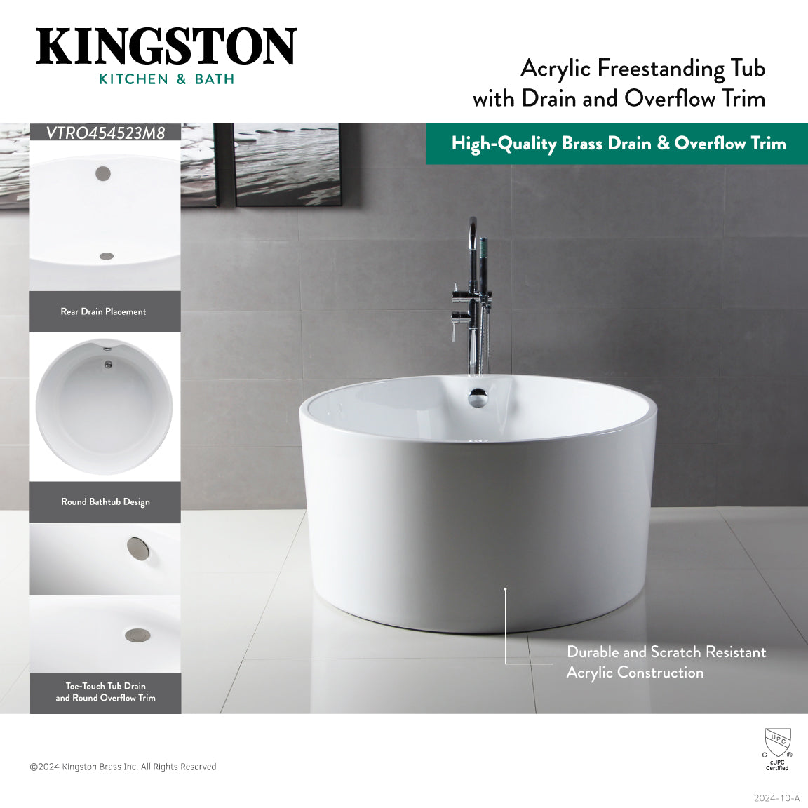 Aqua Eden 45 Inch Acrylic Round Freestanding Bathtub - Double Ended Soaking Tub with Overflow & Drain, Glossy White & Polished Brass Finish - Perfect for Luxury Bathrooms & Spa Retreats
