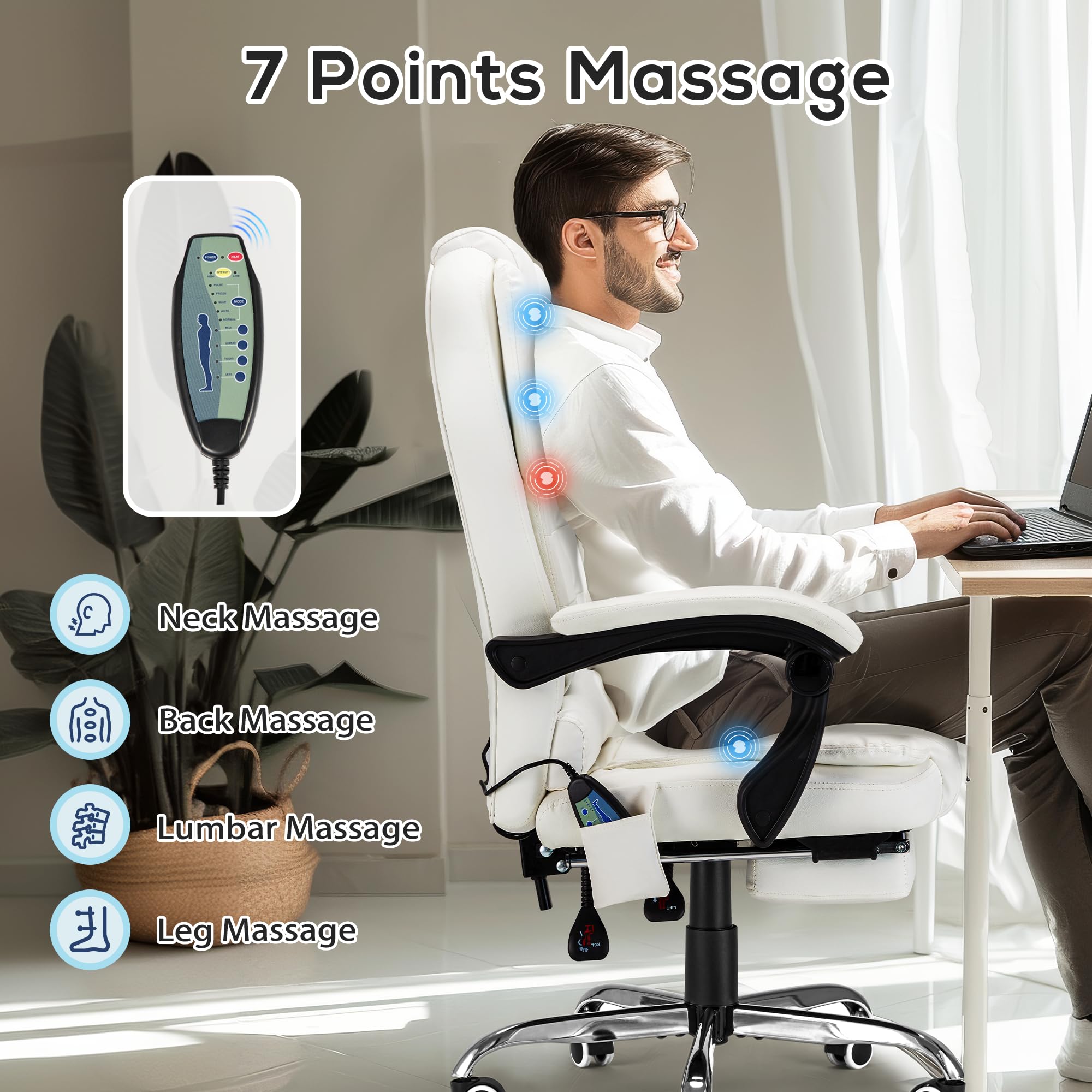 Esright Heated Massage Executive Office Chair with Footrest - High Back Reclining Swivel Leather Computer Desk Chair in Cream White - Perfect for Home Office, Gaming & Relaxation