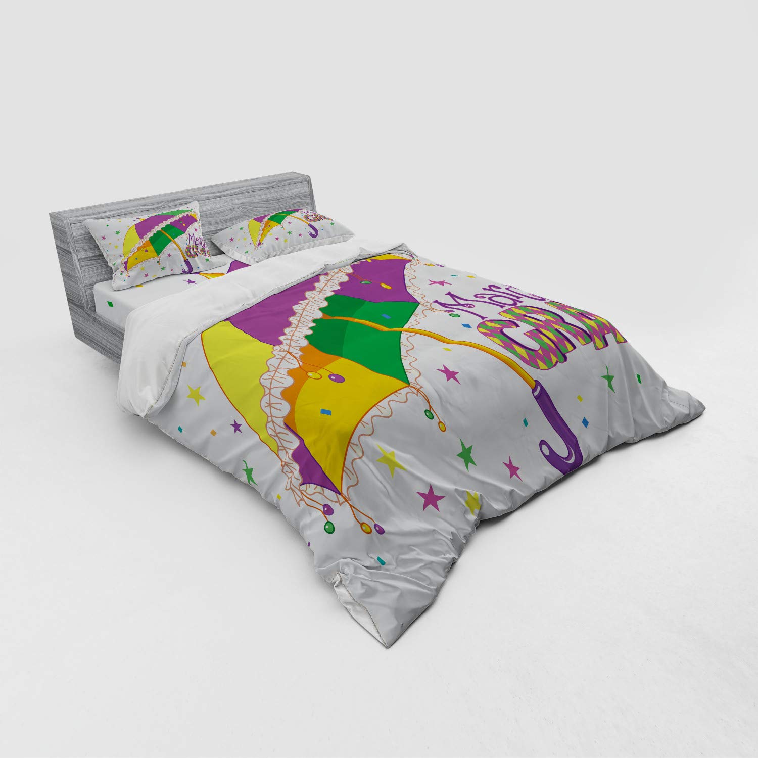 Ambesonne Mardi Gras Bedding Set - 4 Piece Duvet Cover Set with Pillow Shams & Fitted Sheet, Queen Size, Vibrant Purple Yellow Green Party Design with Umbrella & Stars Pattern - Perfect for Carnival Celebrations, Themed Bedrooms & Festive Home Decor