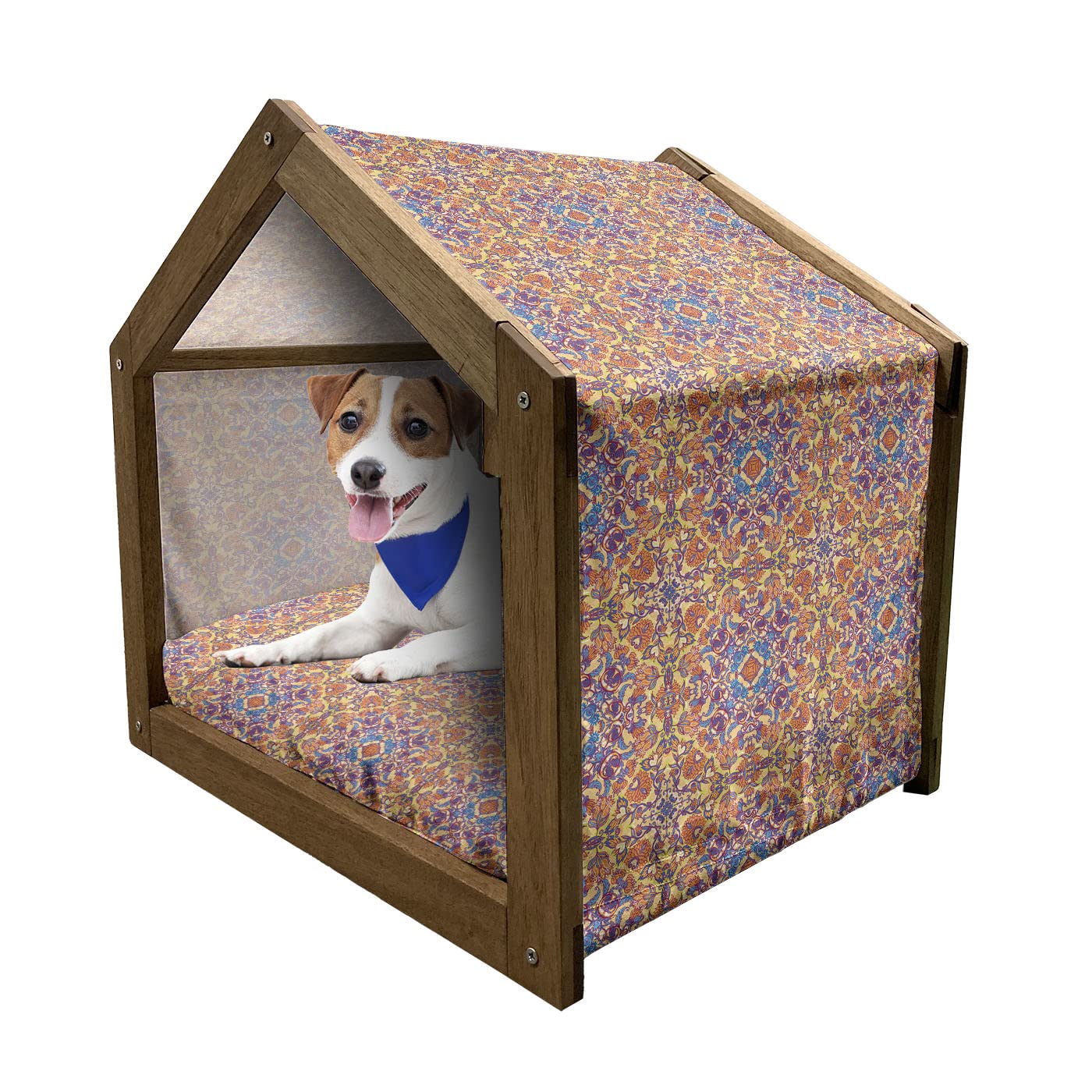 Ambesonne Mandala Wooden Pet House - Floral Pattern Dog Kennel with Symmetrical Design for Indoor & Outdoor Use - Portable Small Dog House with Pillow & Cover - Perfect for Home, Garden, Patio or Travel - Multicolor