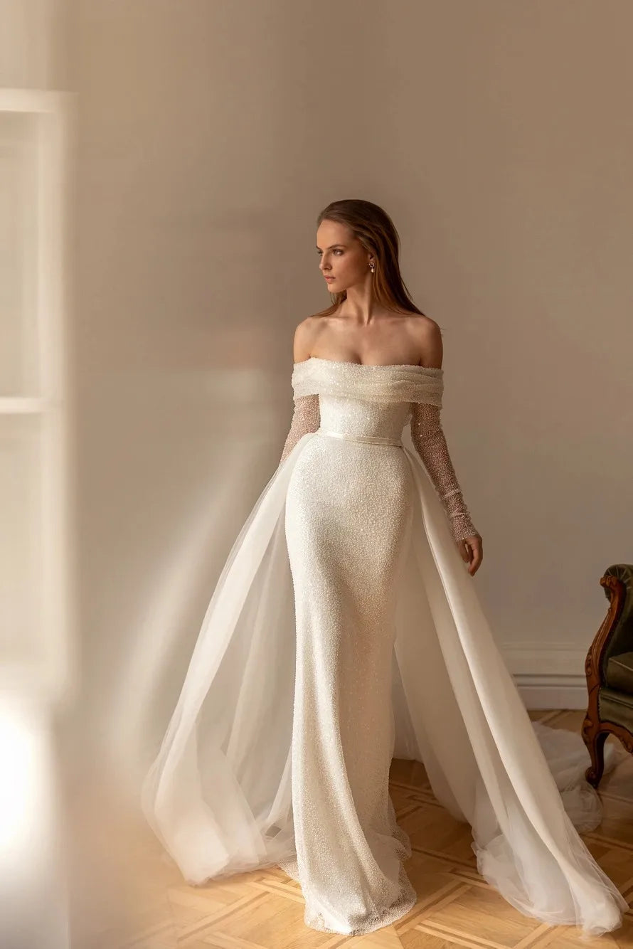 Sparkly Sequin Off-Shoulder Mermaid Wedding Gown with Removable Train - Perfect for Beach Weddings, Evening Galas & Formal Occasions