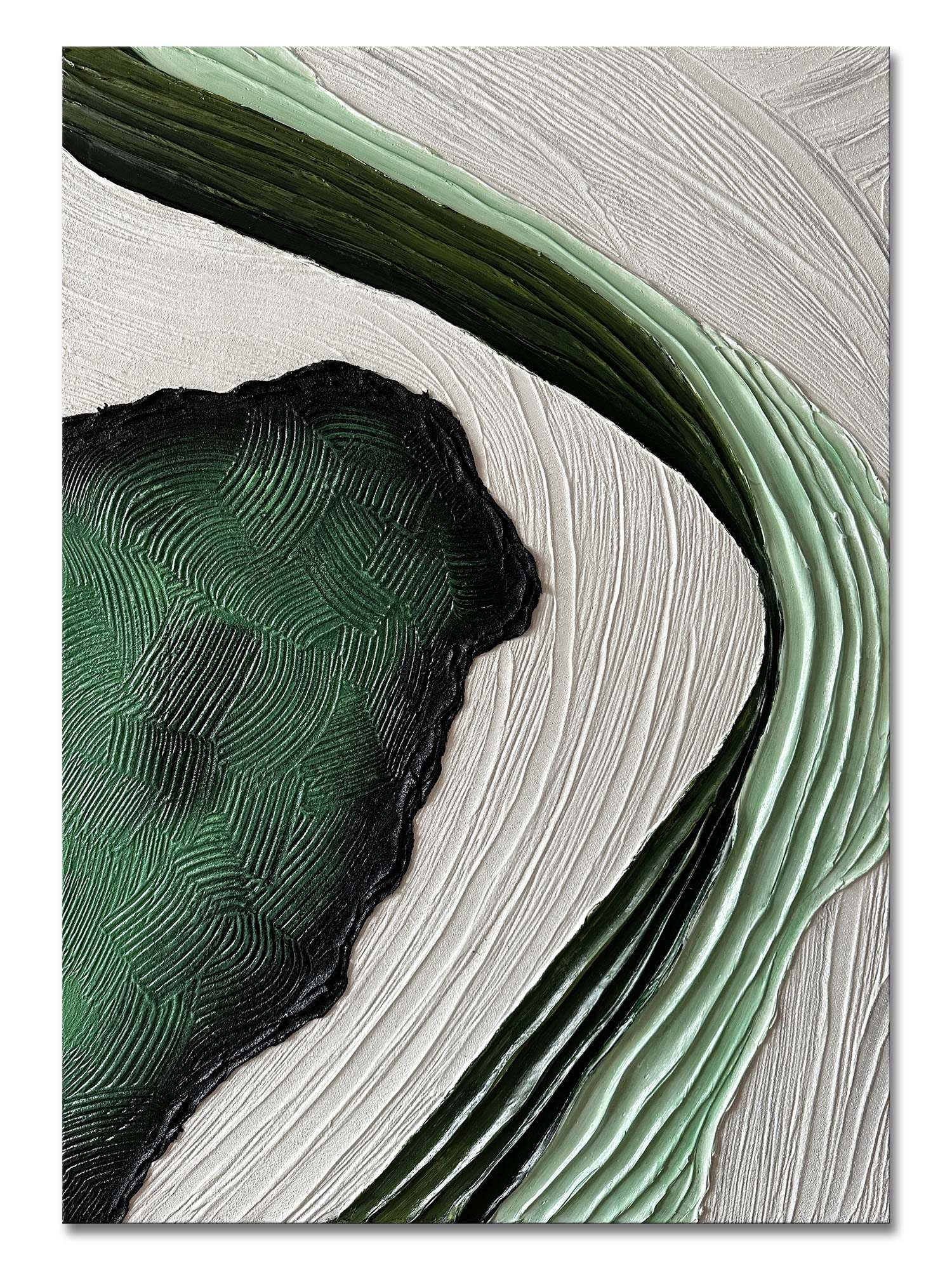 Large Nordic Green and White Abstract Vertical Wall Art - 3D Texture Modern Oil Painting for Living Room, Bedroom, Office | Minimalist Home Decor for Contemporary Spaces