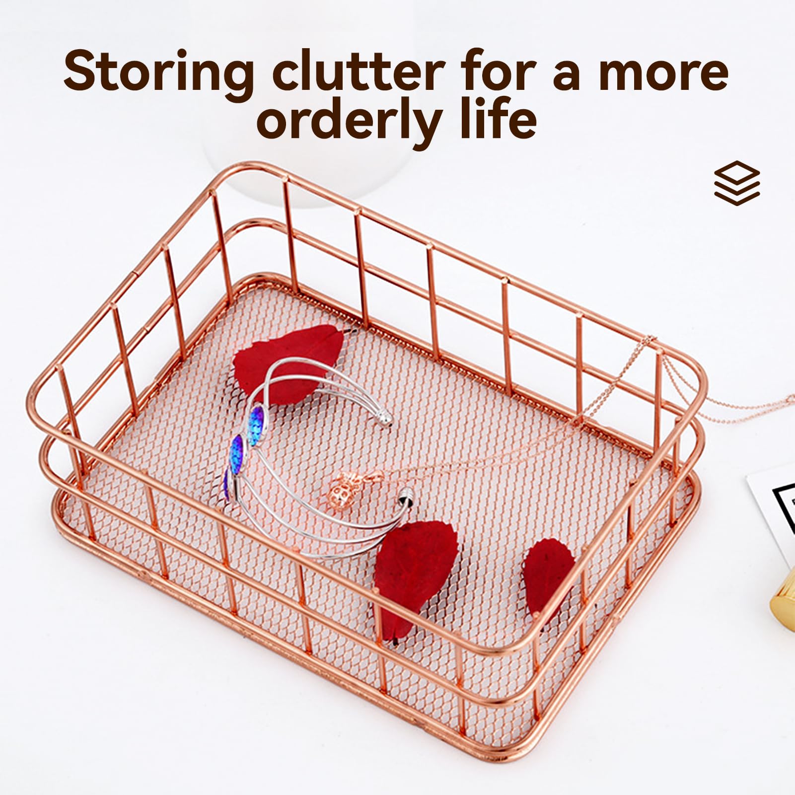 Rose Gold Wire Storage Basket - 4.6x6.7x2.3 Inch Metal Organizer for Desktop, Pantry & Cabinet | Kitchen Storage Solution for Utensils, Spices & Office Supplies