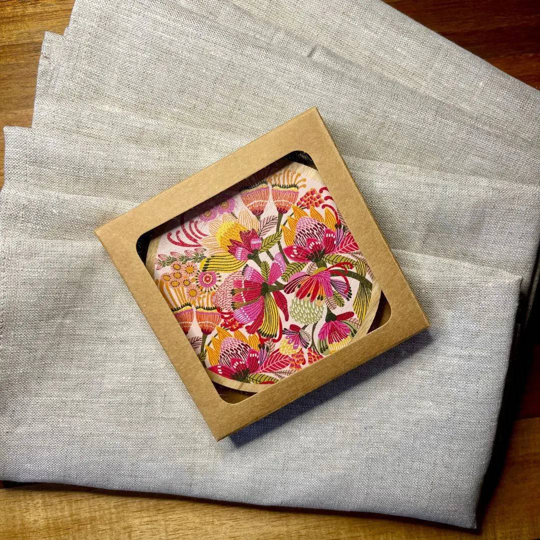 Premium Wild Proteas Wooden Coasters & Napkin Holder Set - Natural Wood Drink Coasters with Floral Design - Perfect for Dining Table, Kitchen, and Home Decor