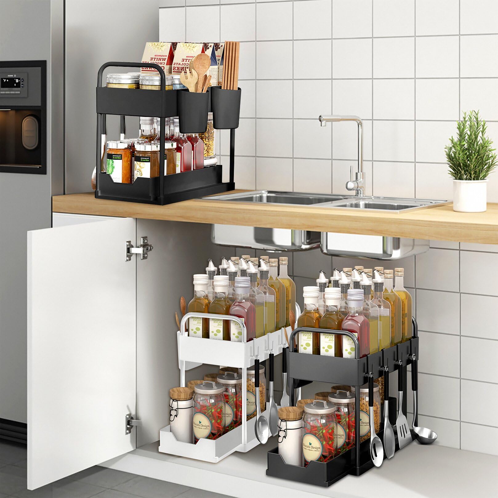 BIAOQINBO 2-Tier Under Sink Organizer with 4 Hooks & 2 Cups, Kitchen Storage Shelf with Sliding Drawer, Spice Rack - Black - Perfect for Small Kitchen Organization & Bathroom Storage