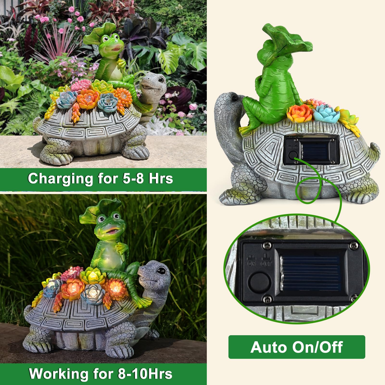Solar-Powered Turtle & Frog Garden Statues with Succulent Planter & 8 LED Lights - Outdoor Lawn Decor for Patio, Yard - Perfect Housewarming Gift for Mom & Grandma - Ideal for Garden Pathways, Backyard Decor & Nighttime Ambiance