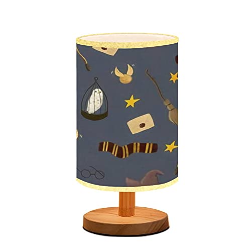 Halloween Bedside Table Lamp - Colorful Magical Pattern Minimalist Nightstand Light with Wooden Flaxen Fabric Shade for Bedroom, Living Room, Nursery | Perfect for Breastfeeding, Reading & Cozy Nighttime Ambience