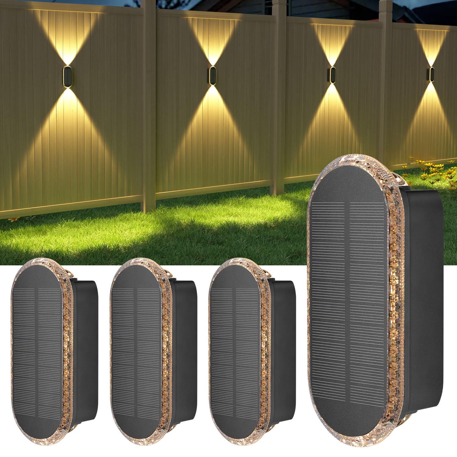 Ellasay 4 Pack Solar Fence Lights - Waterproof IP67 Outdoor Wall Lights with 3 Color Modes, Brighter LED Lens for 12H Dusk to Dawn Lighting - Perfect for Patio, Backyard, Porch, Railing, Balcony & Garden Decoration