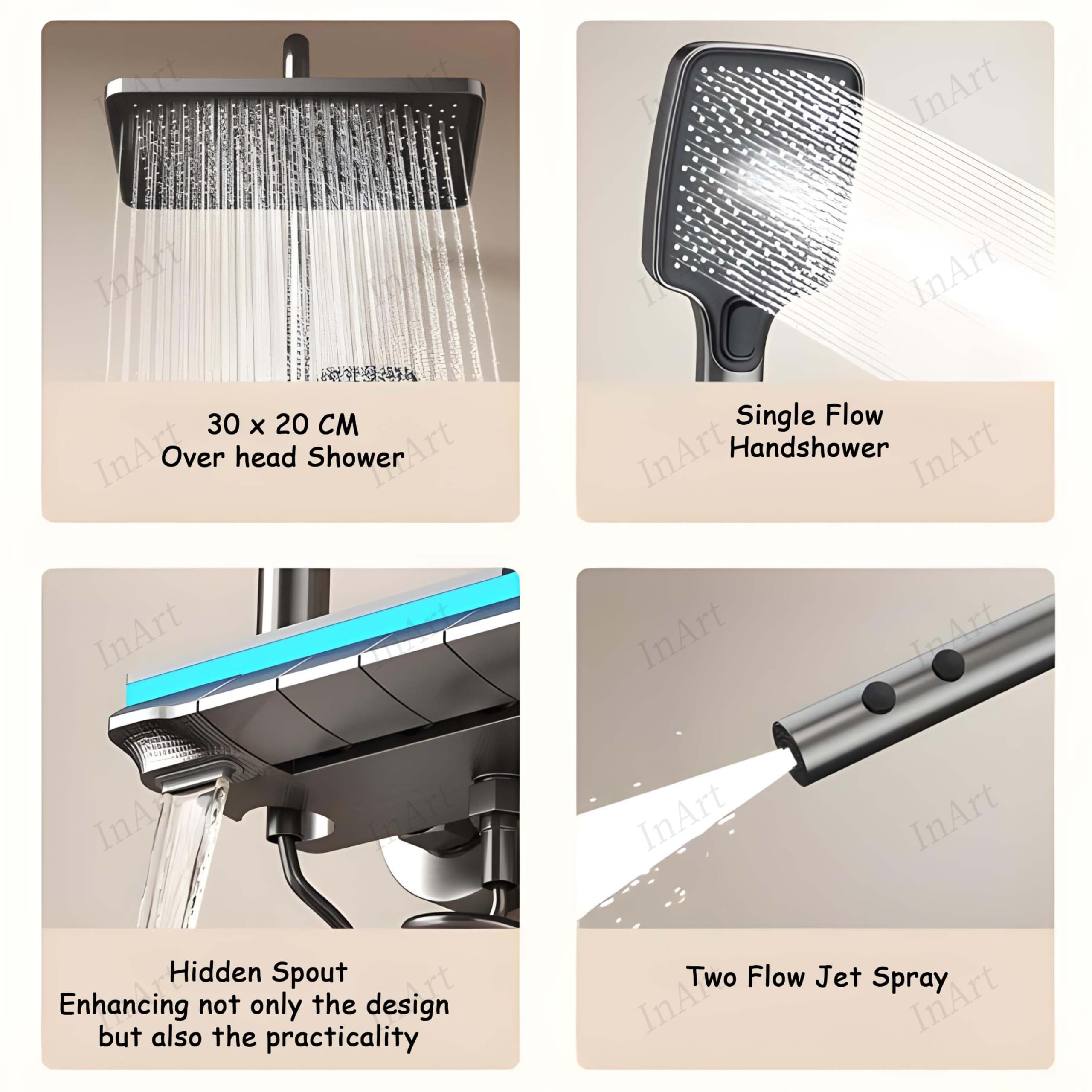 InArt Thermostatic Shower Set - Stainless Steel & Brass Rainfall Shower System with Digital Temperature Display - Gun Grey & Grey Finish - Includes Rainfall Showerhead, Handheld Shower, Bidet Sprayer & Tub Spout - Perfect for Modern Bathrooms & Spa-Like Shower Experience