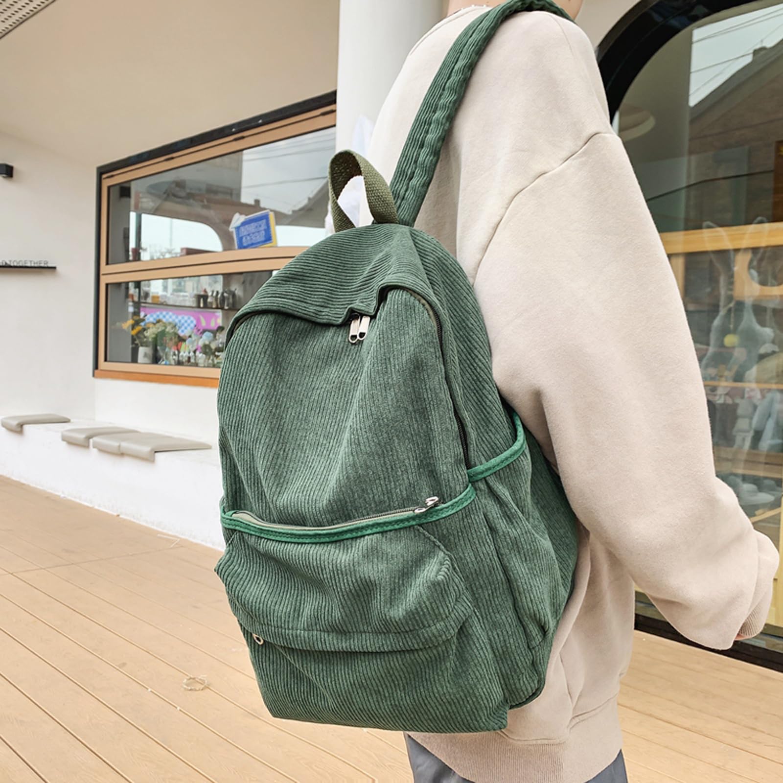 Stylish Corduroy Backpack for Women & Teens - Cute Solid Green Laptop Bag for School, College, Travel & Work | Durable School Supplies & Everyday Carry Backpack