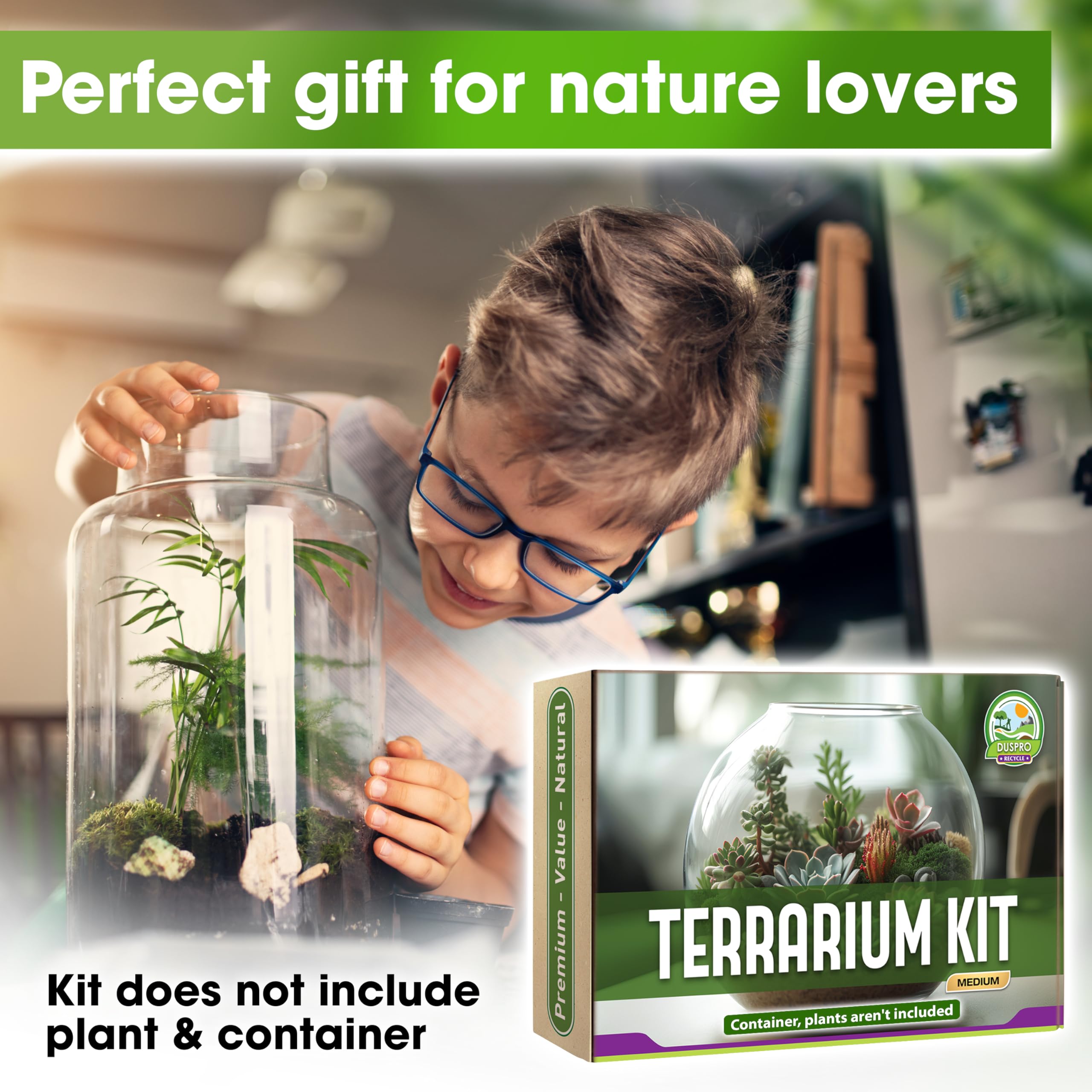DUSPRO DIY Terrarium Kit - Complete Set with Potting Soil, Pumice, Zeolite, Moss, Decorative Stones & Tools - Perfect for Kids, Air Plants & Succulents | Create Your Own Mini Garden for Home Decor, Office Desk or Gift Idea