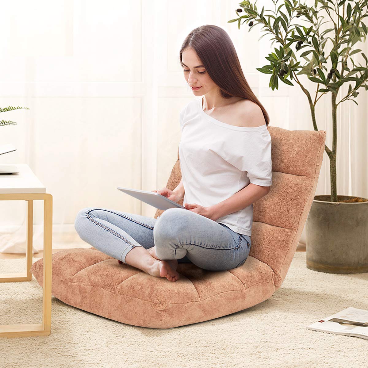 LDAILY 14-Position Adjustable Floor Gaming Chair with Lumbar Support - Padded Cushion Folding Recliner Sofa for Floor Seating, Reading & Video Games - Perfect for Living Room, Bedroom & Home Office (Pale Yellow)